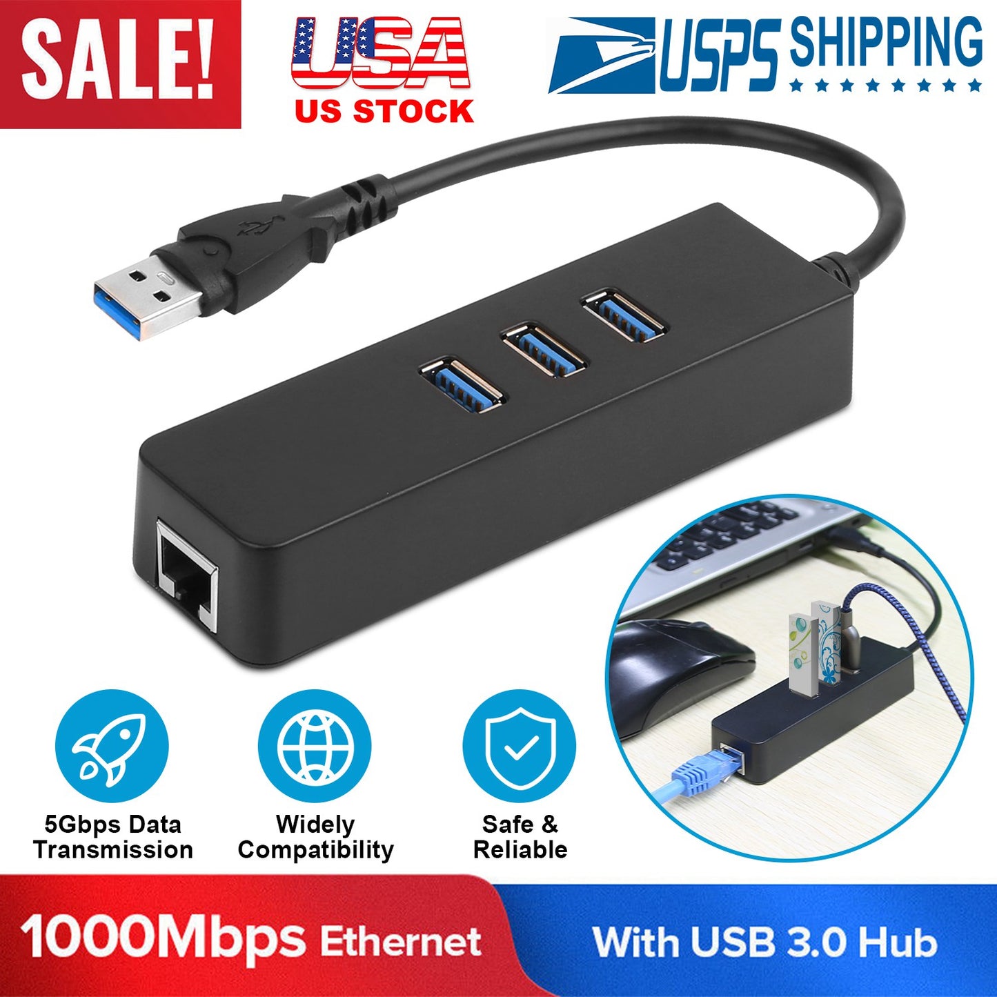 USB 3.0 Hub with Gigabit Ethernet Adapter - 3 Port