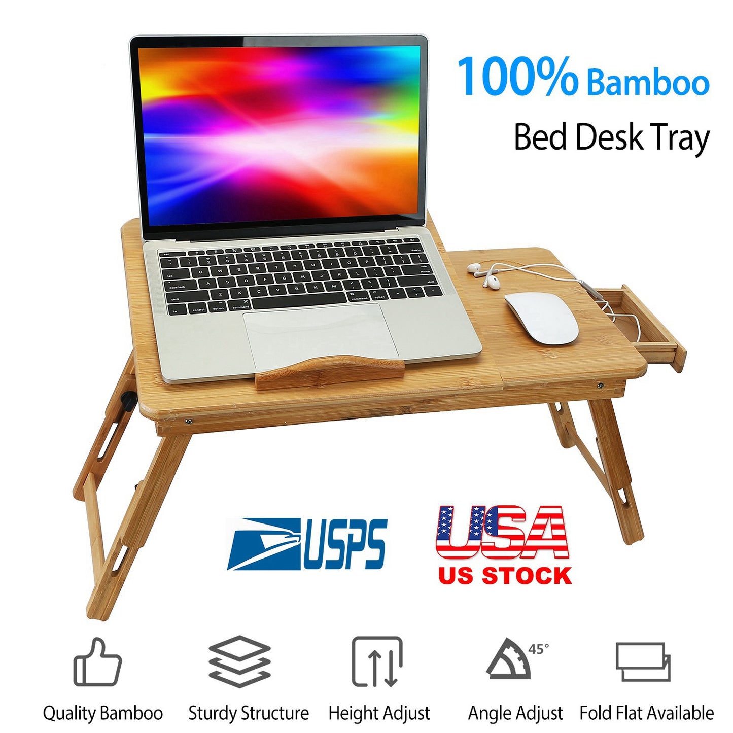 Bamboo Laptop Desk with Adjustable Legs and Storage Drawer