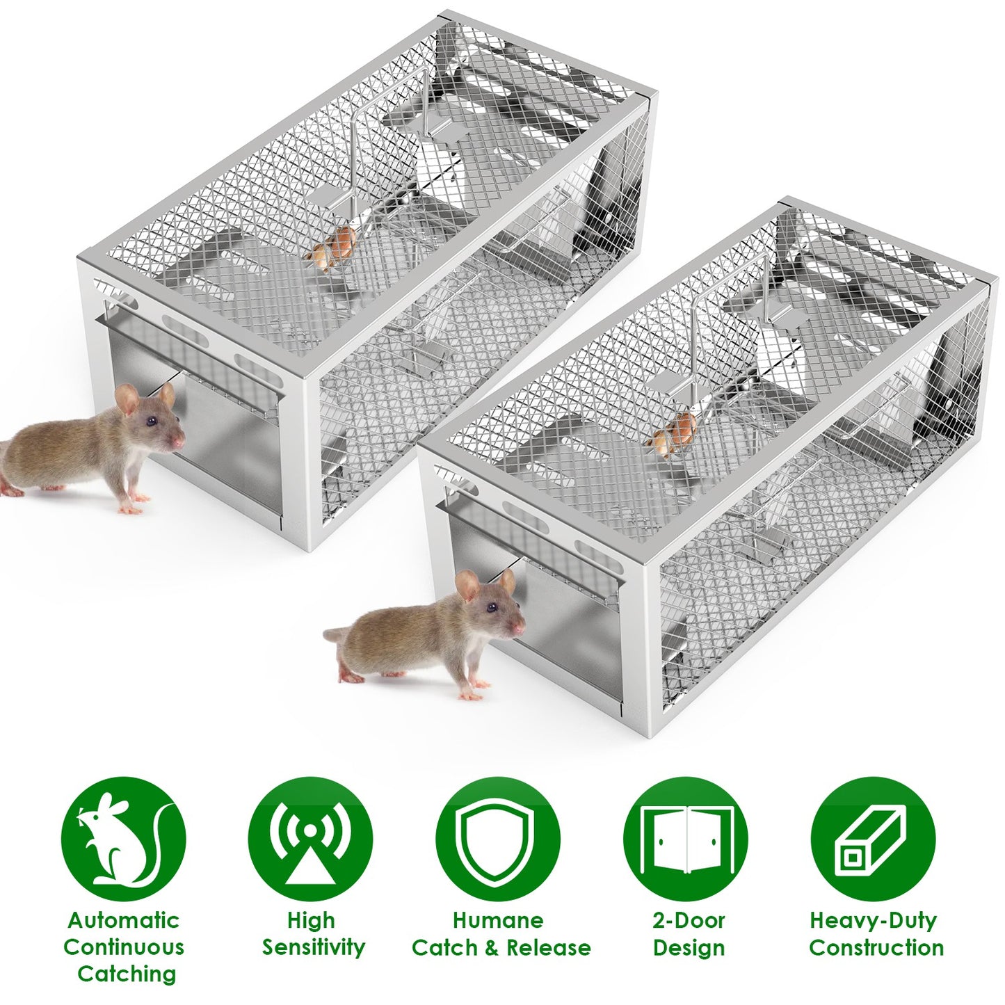 2-Pack Humane Rat Trap with Dual-Door Continuous Catch