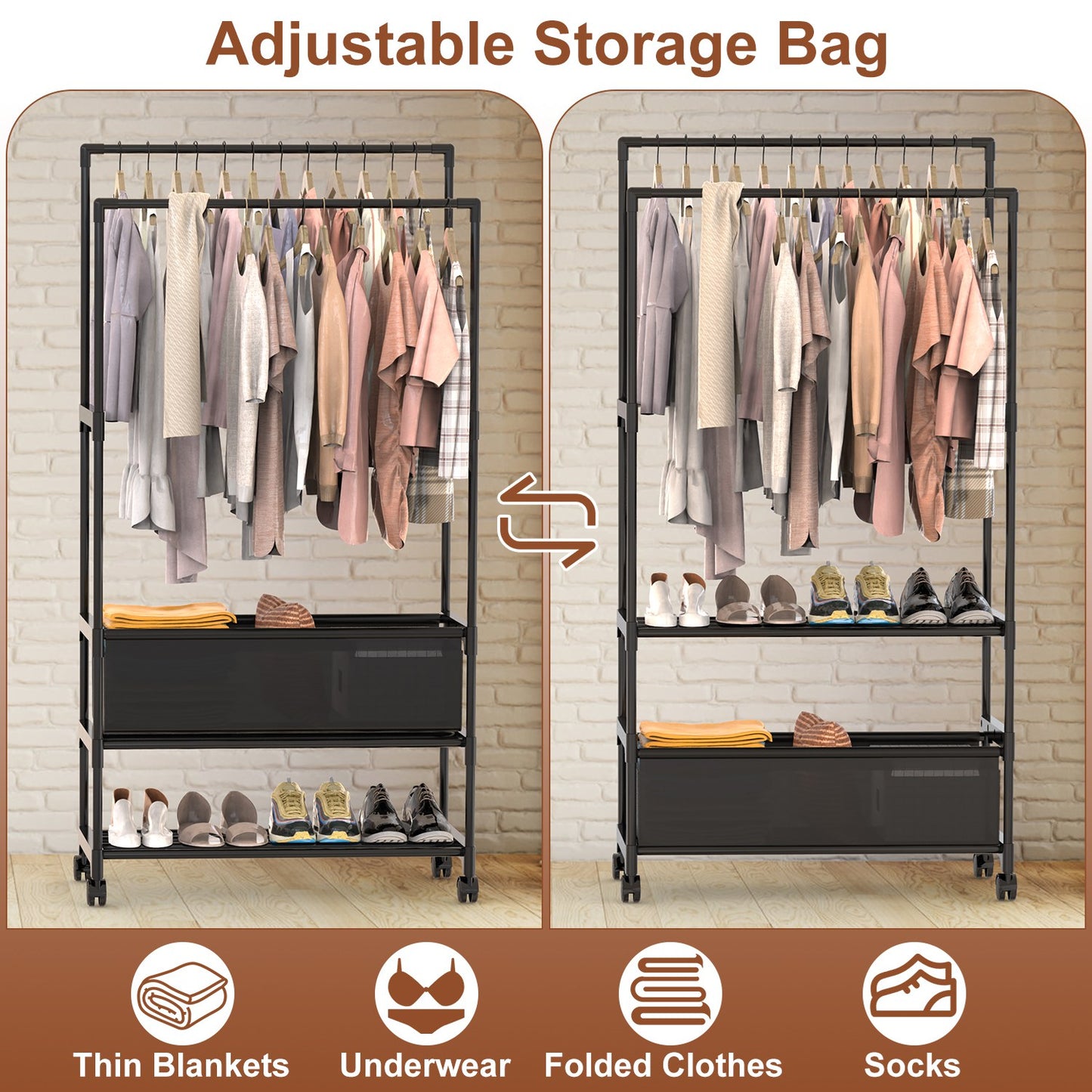 Double Rod Garment Rack with Storage Bag and Lockable Wheels