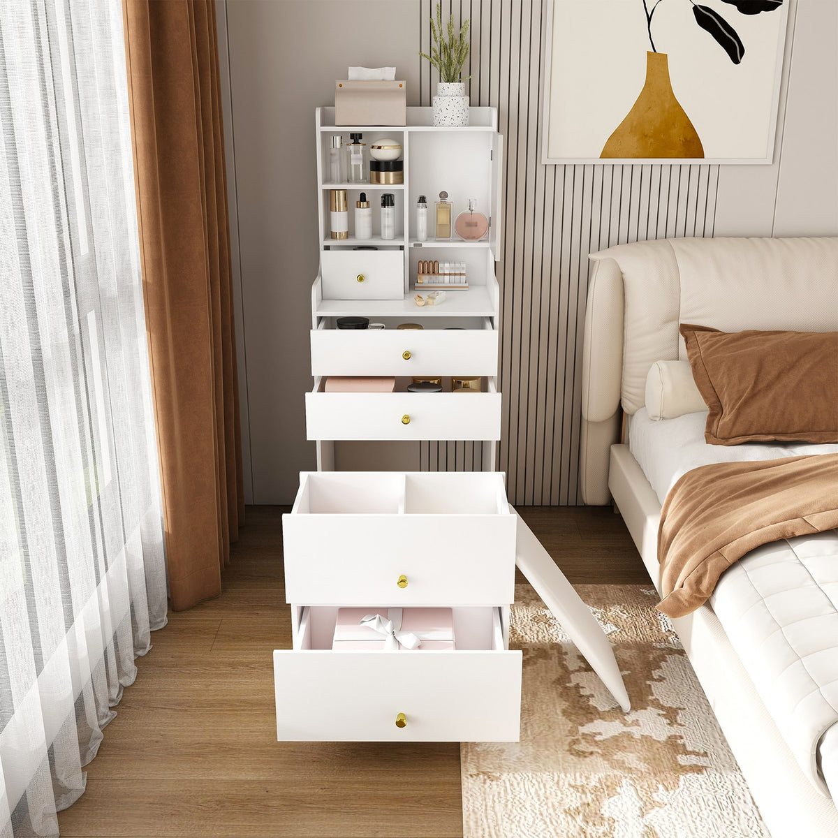 3 In 1 White Vanity Desk Set with LED Light Mirror & Hidden Storage Stool, Compact Multi-Functional Makeup Dressing Tabl