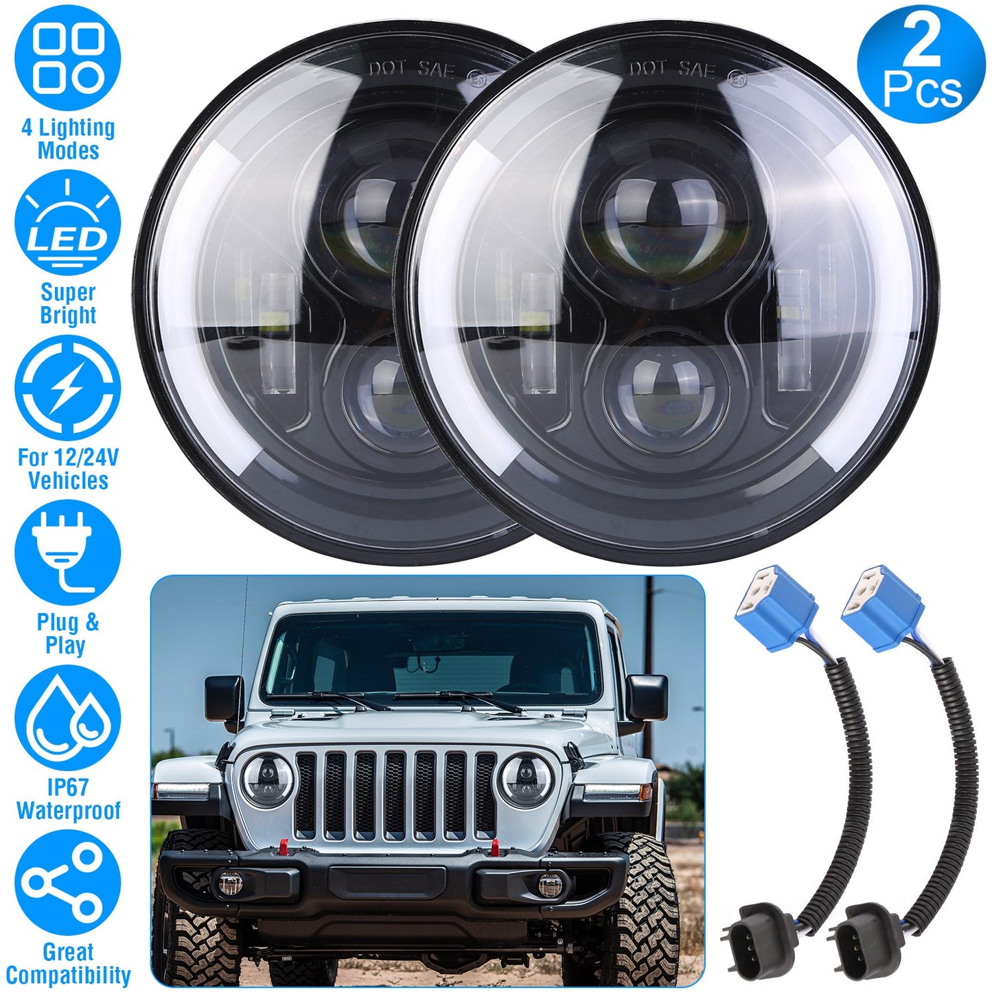 7 Inch Round LED Headlight with Halo DRL & Turn Signal