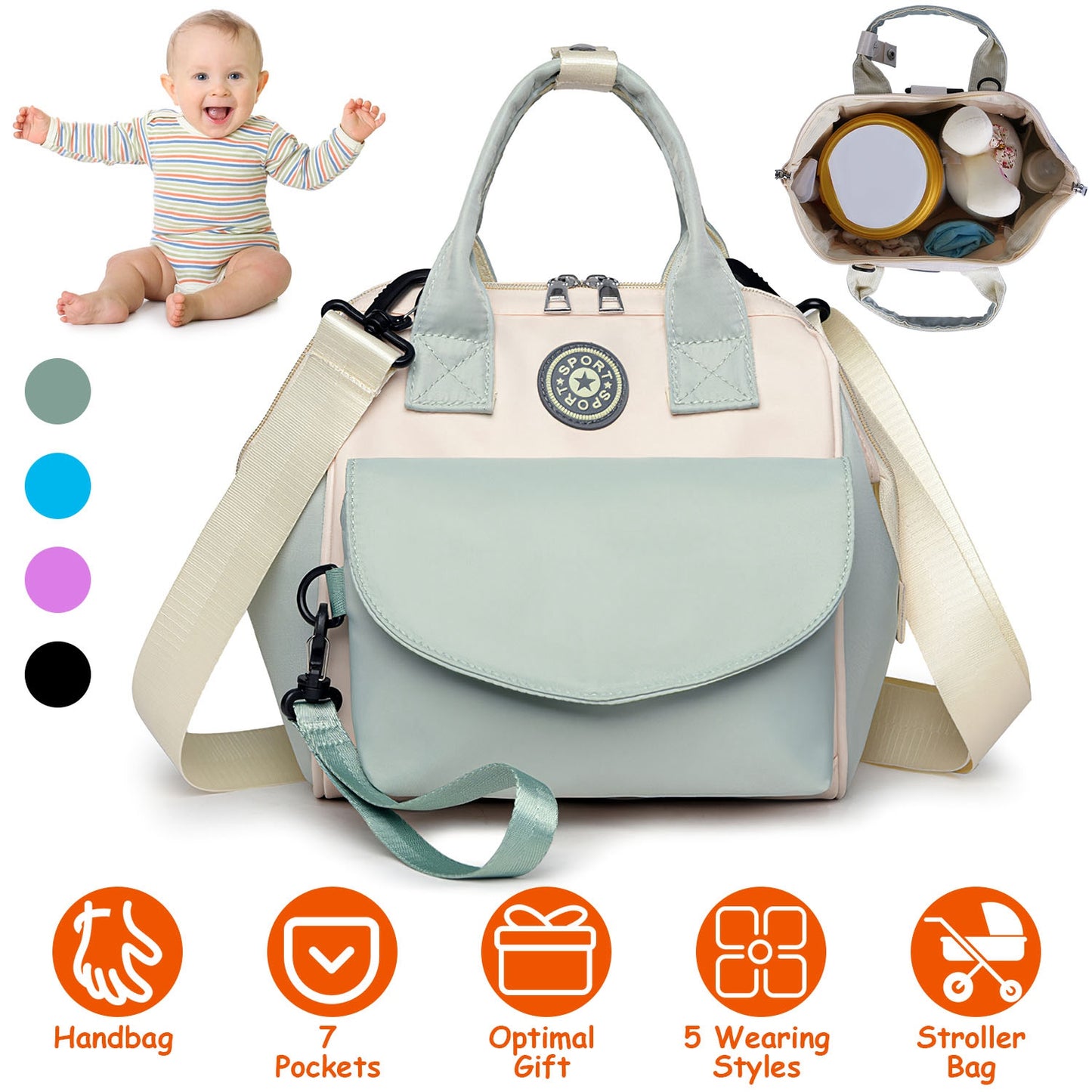 Diaper Bag with 6 Pockets and Detachable Small Bag
