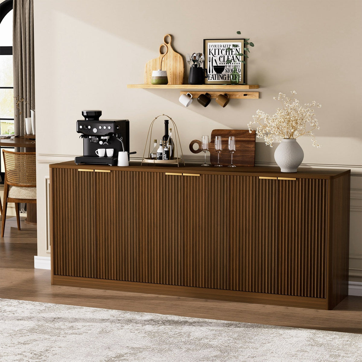 Fluted Sideboard Cabinet with 4-6 Doors and Wood-Grain Top