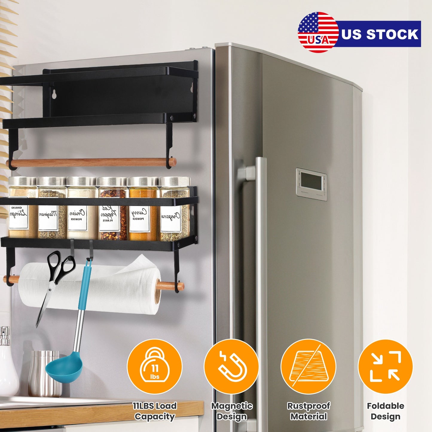 Magnetic Spice Rack for Refrigerator with Paper Towel Holder