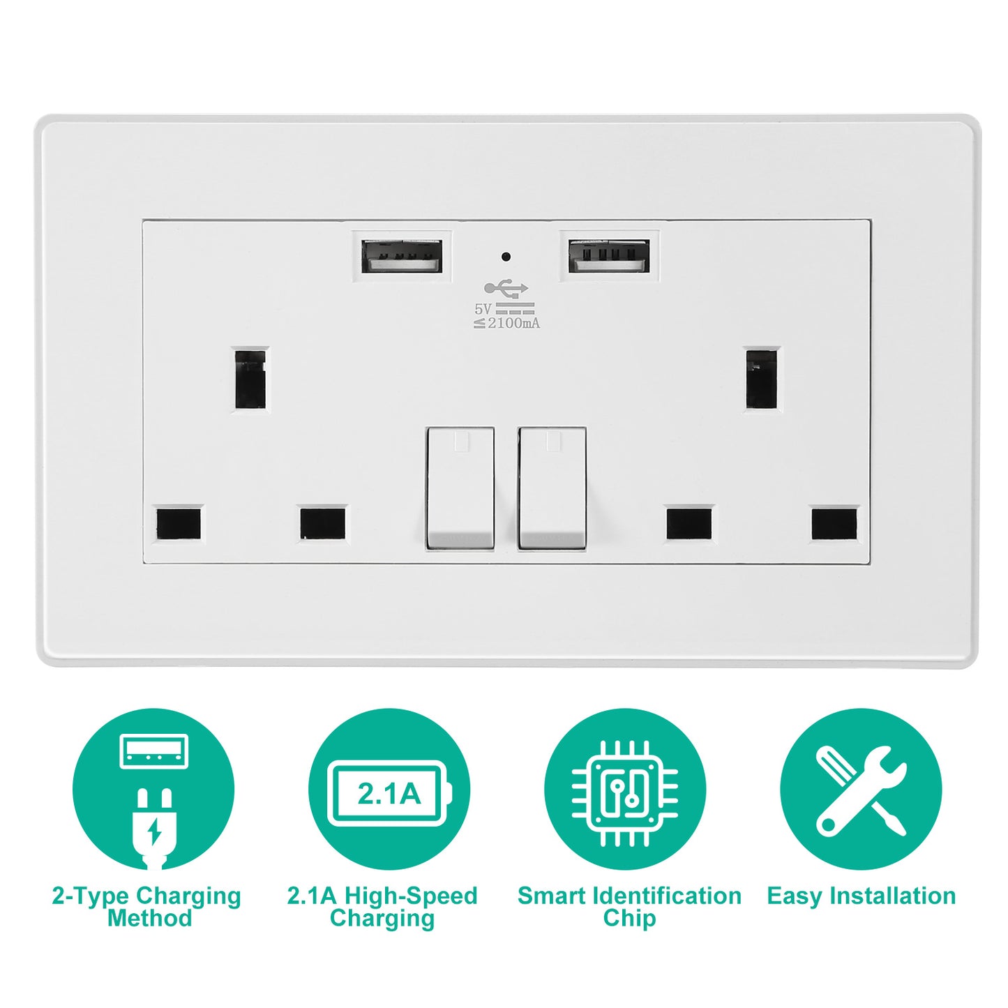 UK Dual Wall Socket with USB Charging Ports & Switches