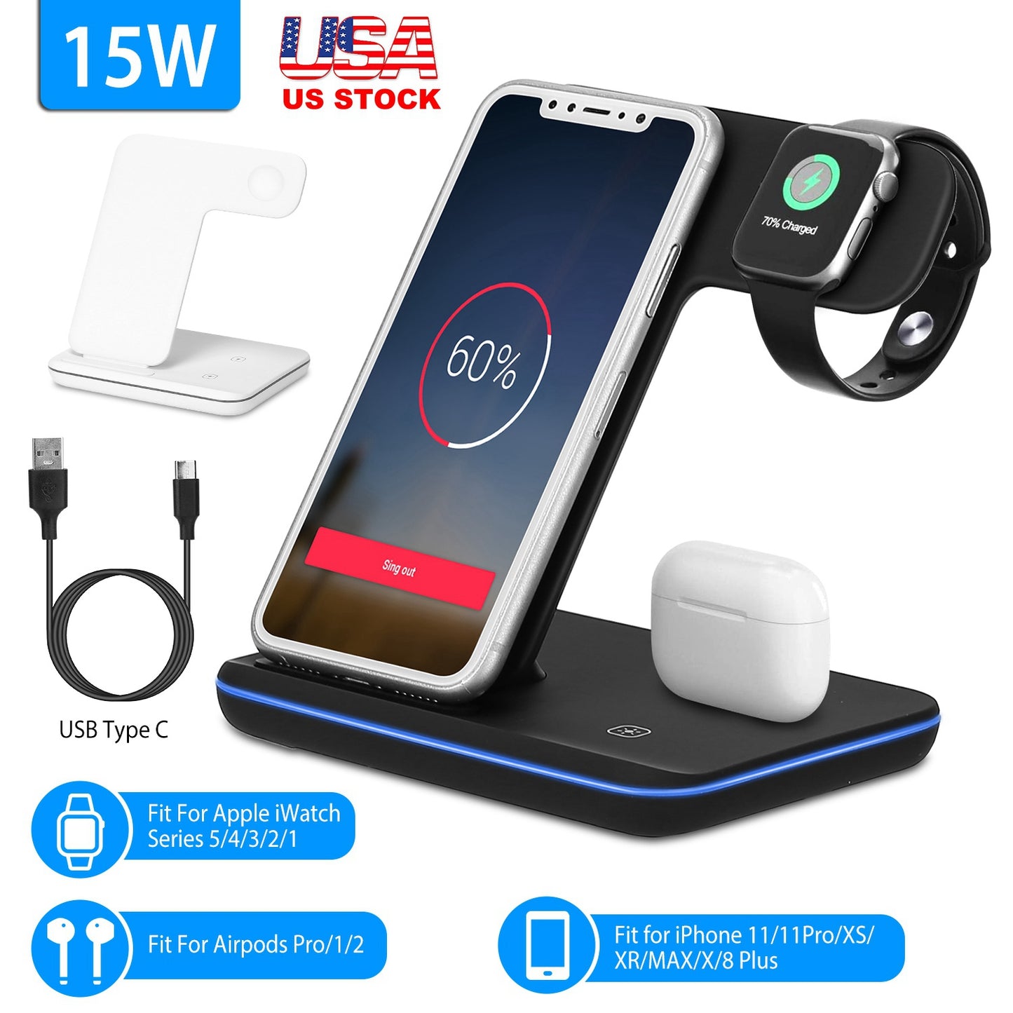 3-in-1 Wireless Charging Station 15W Fast Charge Dock