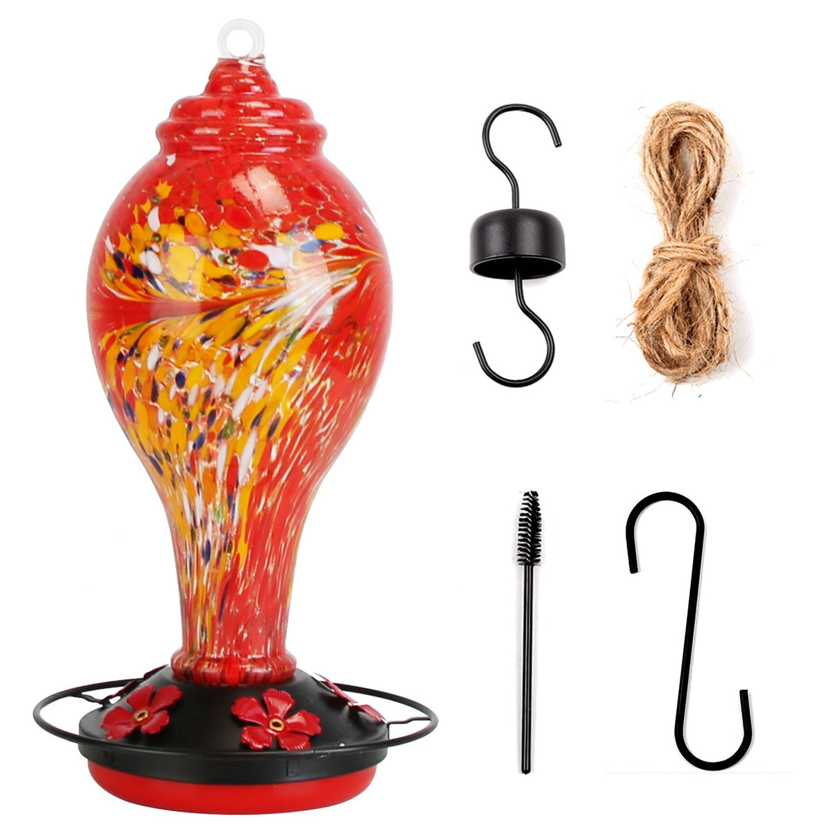 Glass Hummingbird Feeder 33OZ Hand Blown Hummingbird Feeder with 5 Flower Feeding Port Perch Ant Moat Hanging Hook S Hook Hemp Rope Cleaning Brush for