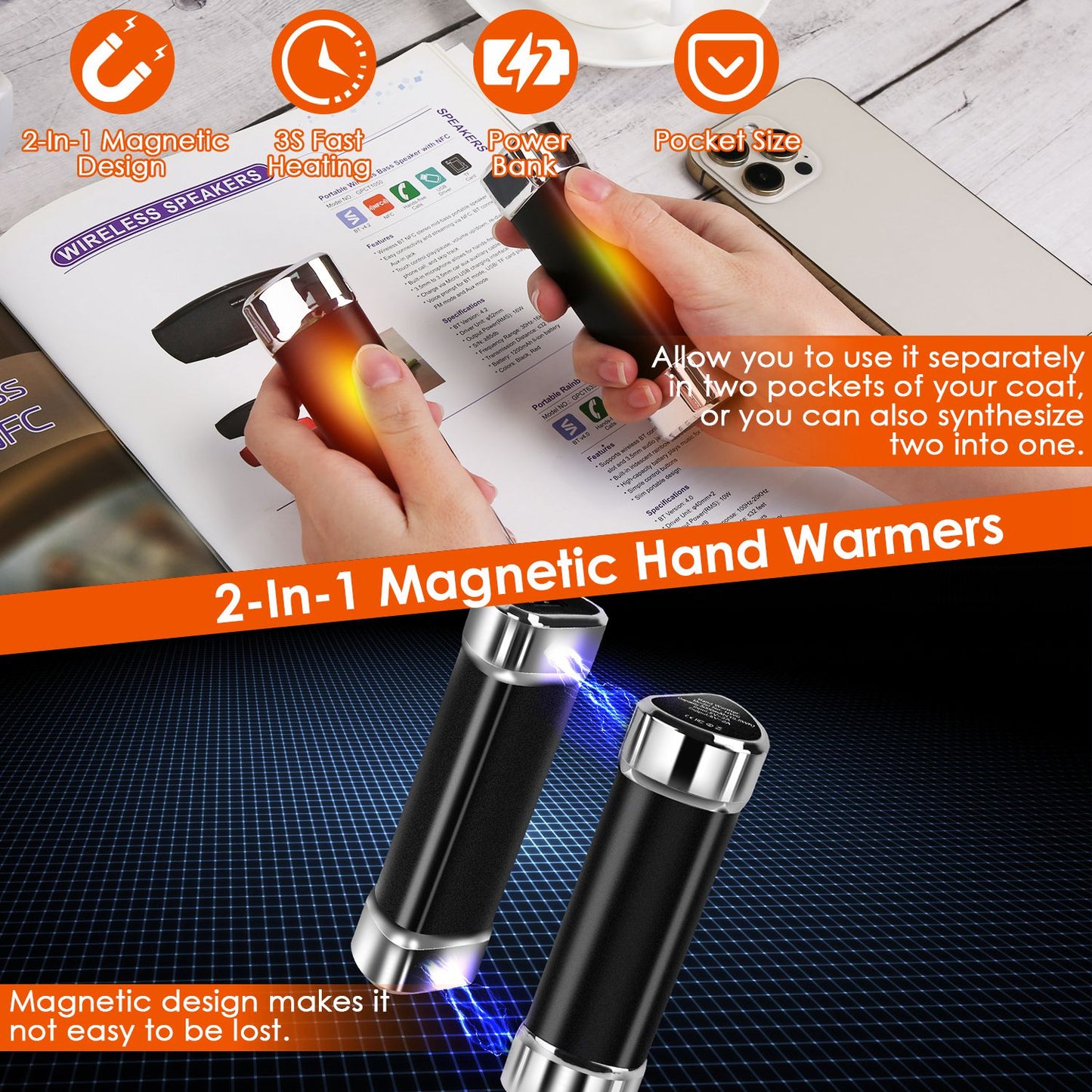 Magnetic Hand Warmers 2-Pack with 10000mAh Power Bank