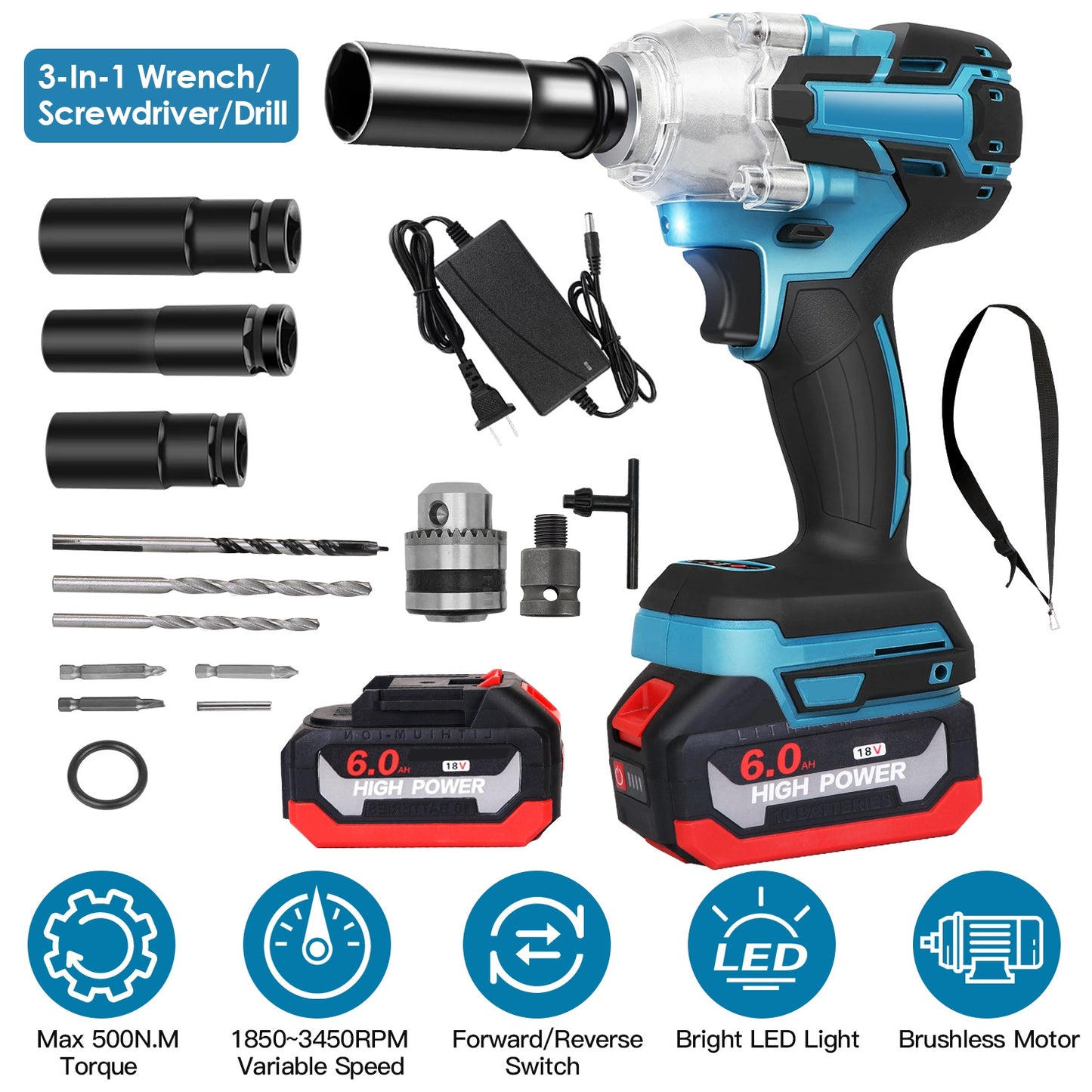 Cordless Impact Wrench 3-in-1 with Brushless Motor & 2 Batteries