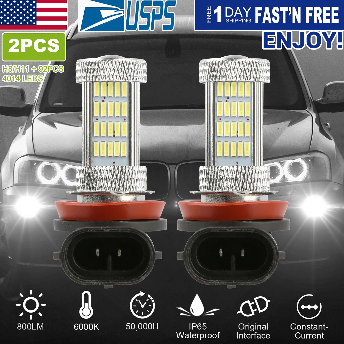 H8/H9/H11 LED Fog Light Bulbs 800lm 6000K White 2-Pack