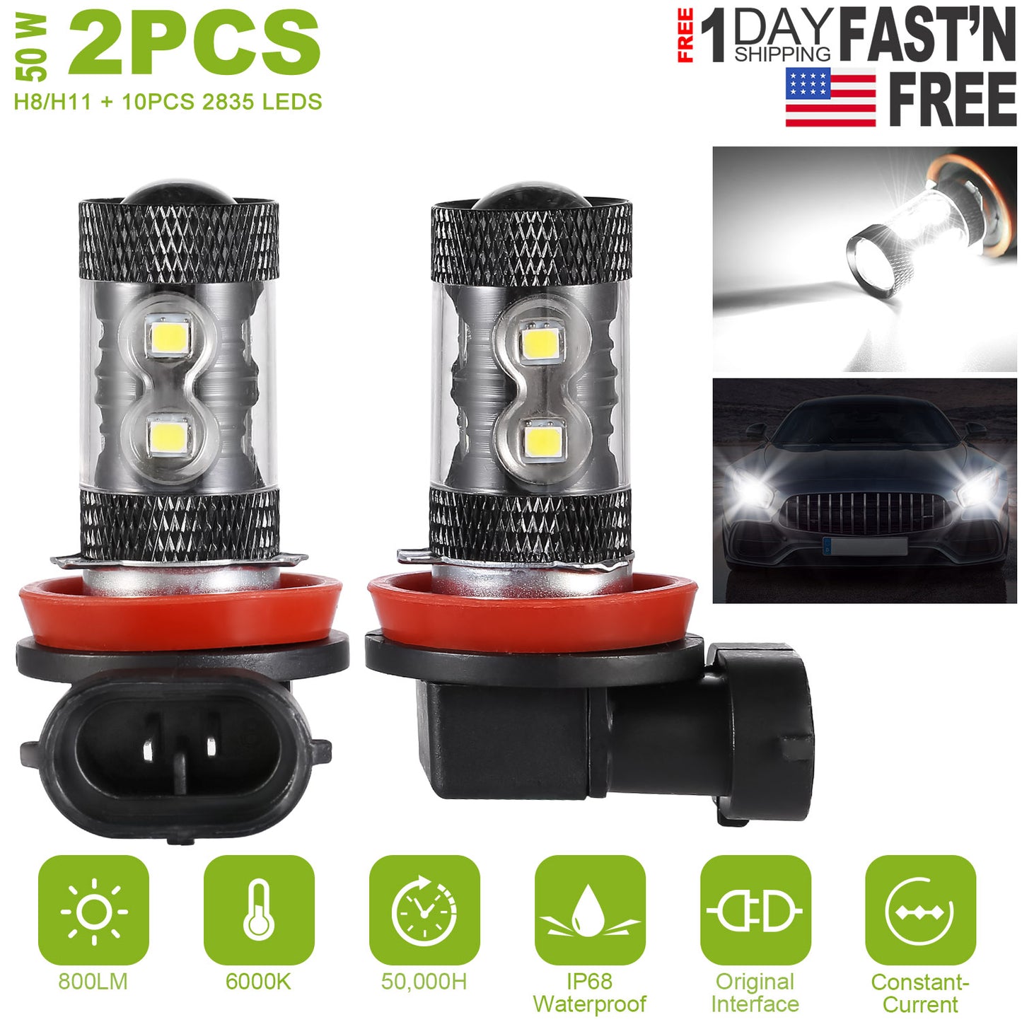 H8/H9/H11 LED Fog Light Bulbs 800LM 6000K White (2-Pack)