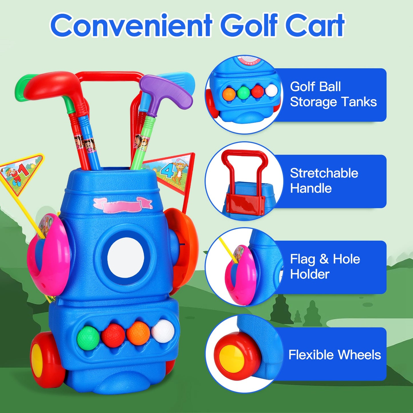Toddler Golf Set with Cart, 4 Clubs, Balls & Flags