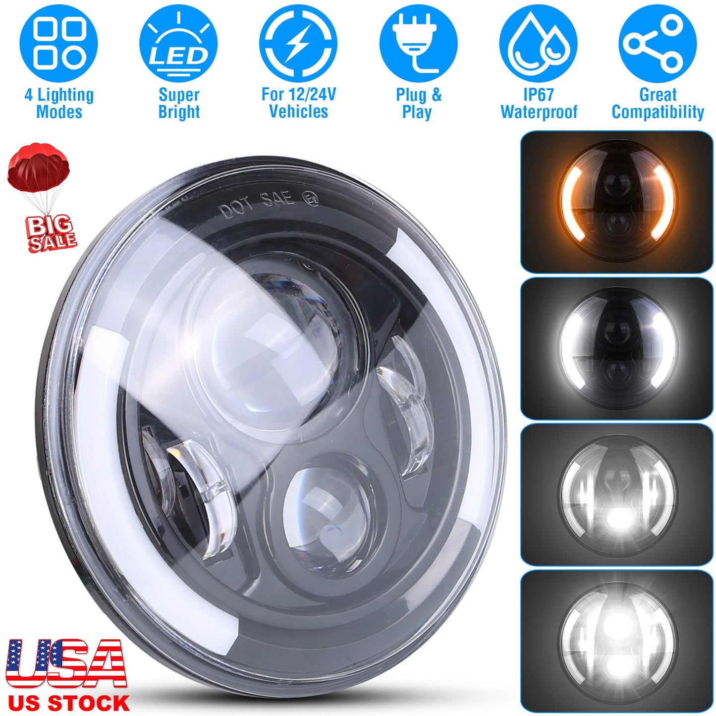 7 Inch Round LED Headlight with Halo DRL & Turn Signal