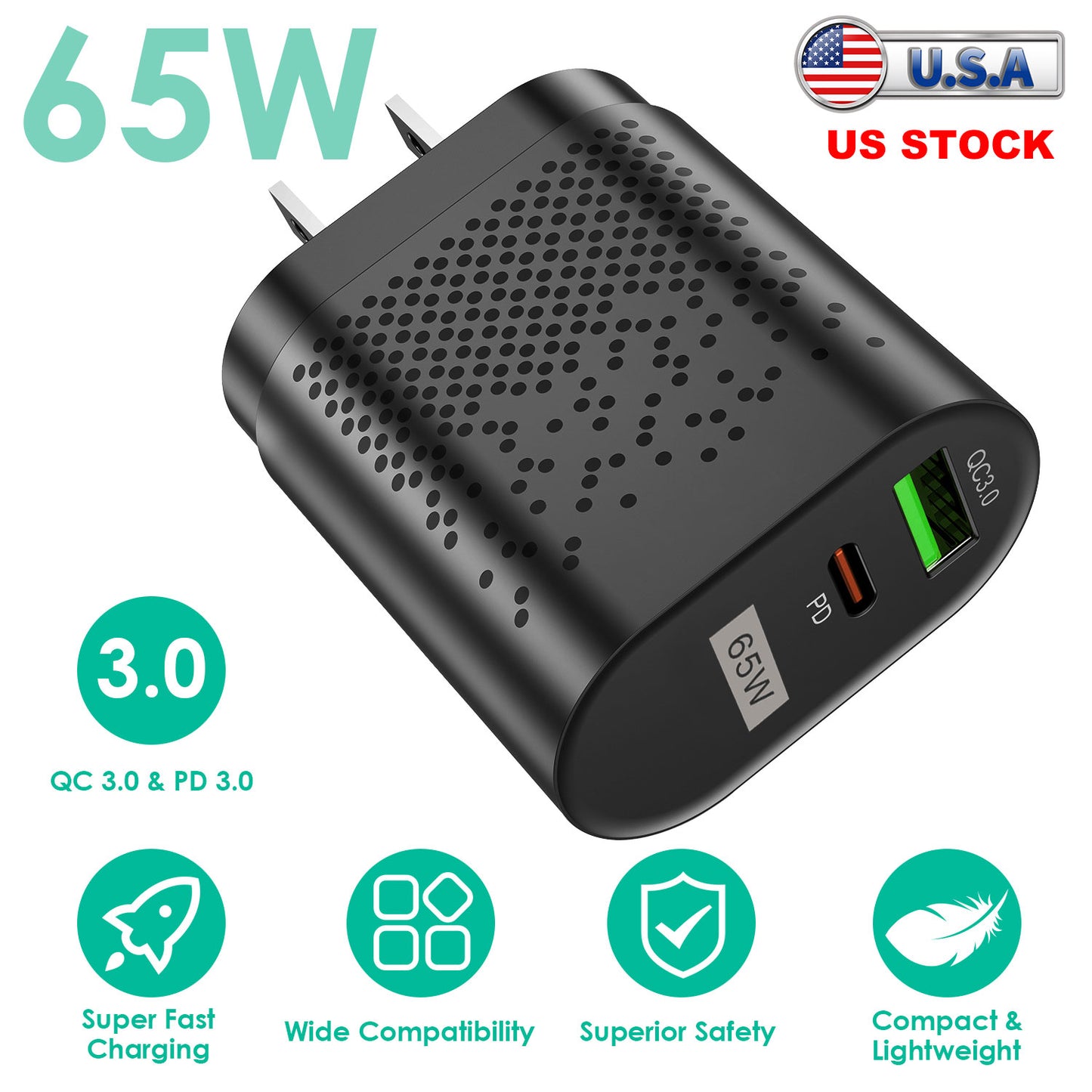 65W USB-C Fast Wall Charger with Dual Port PD 3.0