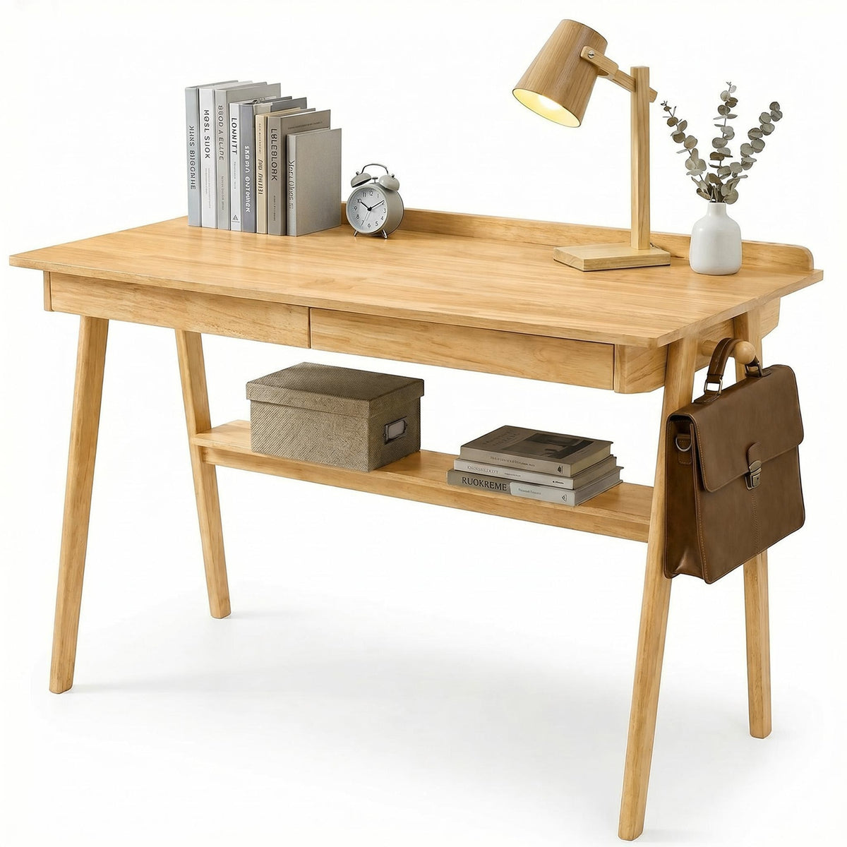 Solid Wood Writing Desk, Home Office Desk with 2 Drawers & Storage Shelf, 47.24-Inch Mid Century Modern Computer Desk wi