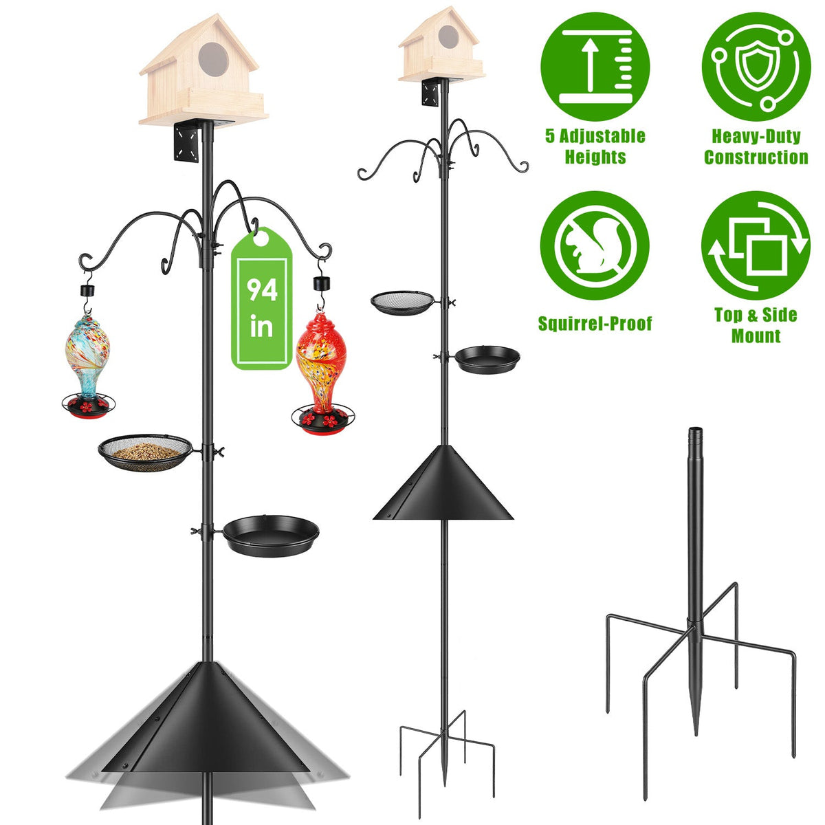 94Inch Squirrel Proof Bird Feeder Pole Heavy-Duty Bird House Pole Outdoor Bird Feeding Station with 5 Adjustable Heights 4 Shepherd Hooks Top & Side