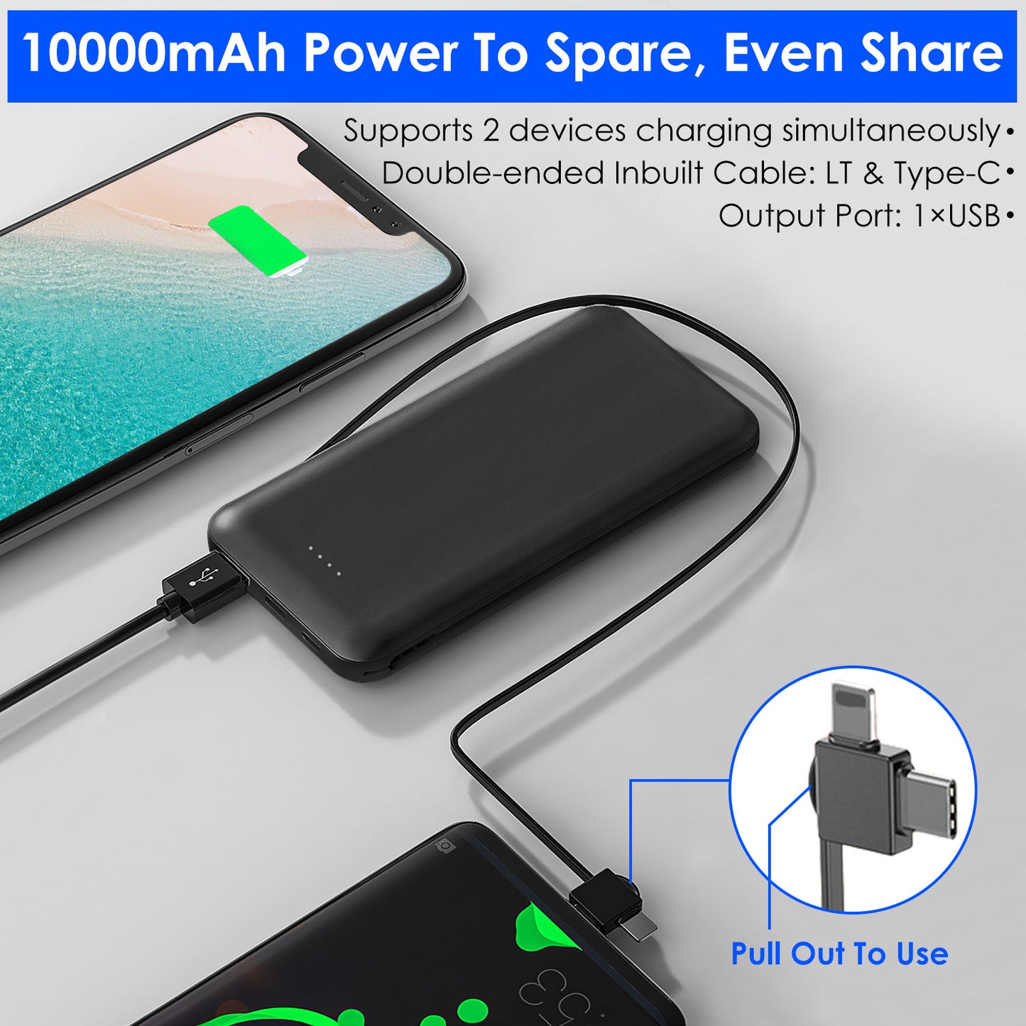10000mAh Portable Power Bank with Built-In Cables