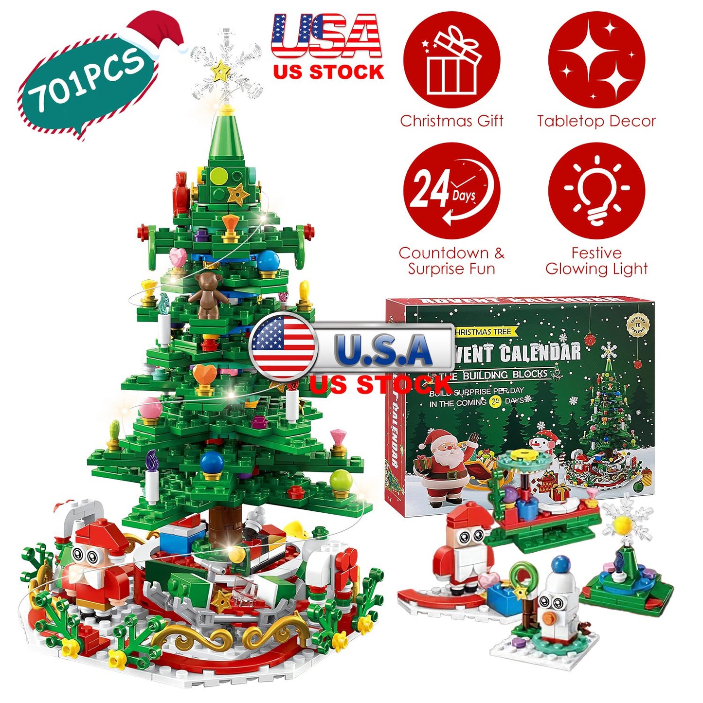 Christmas Tree Building Set with LED Lights & 24-Day Calendar