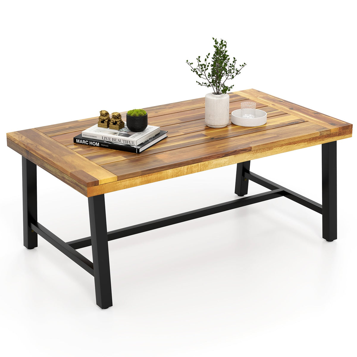 Acacia Wood Coffee Table with Thickened Top and Heavy-duty Metal Legs