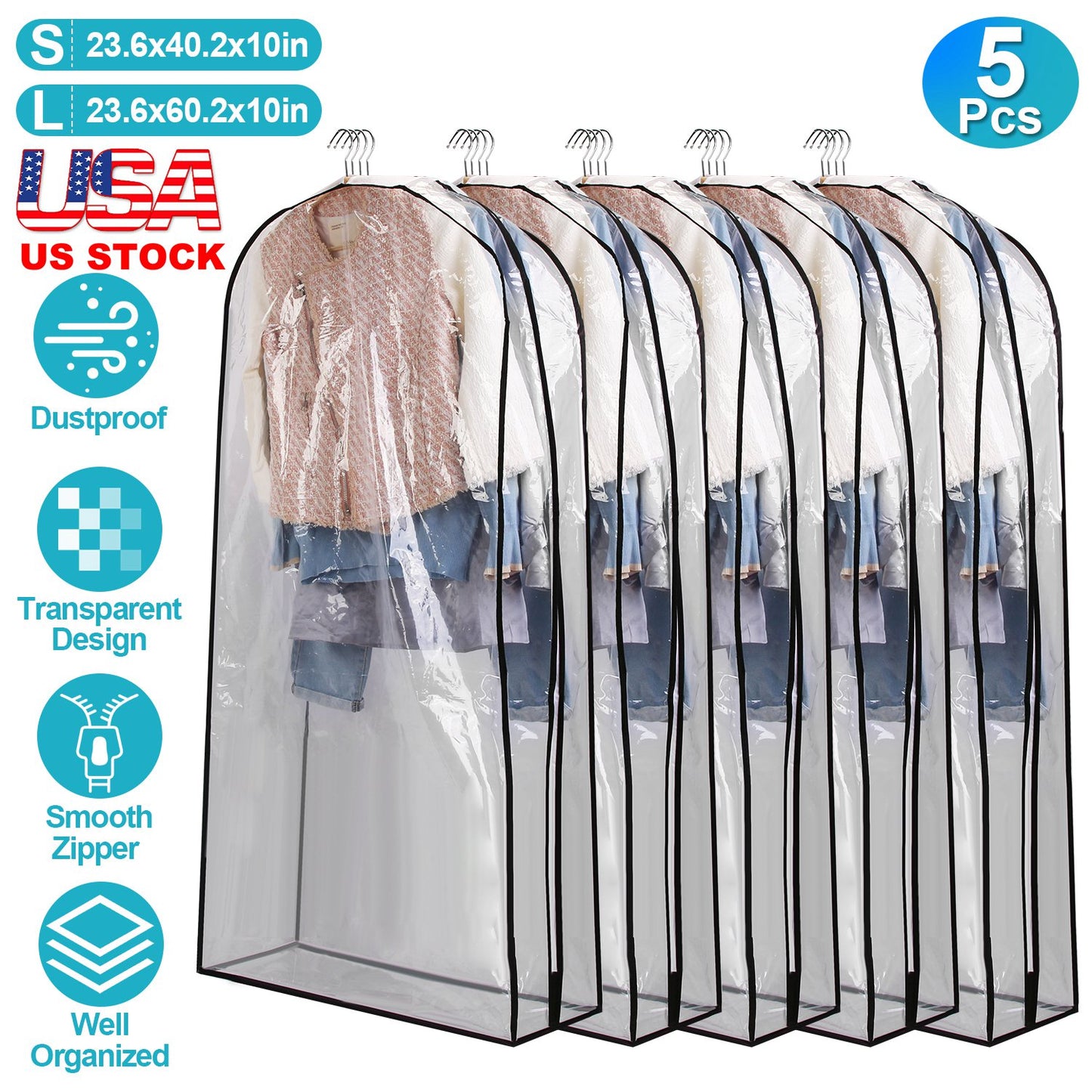 Hanging Garment Bags 60 Inch - 5 Pack Clear Dustproof Storage