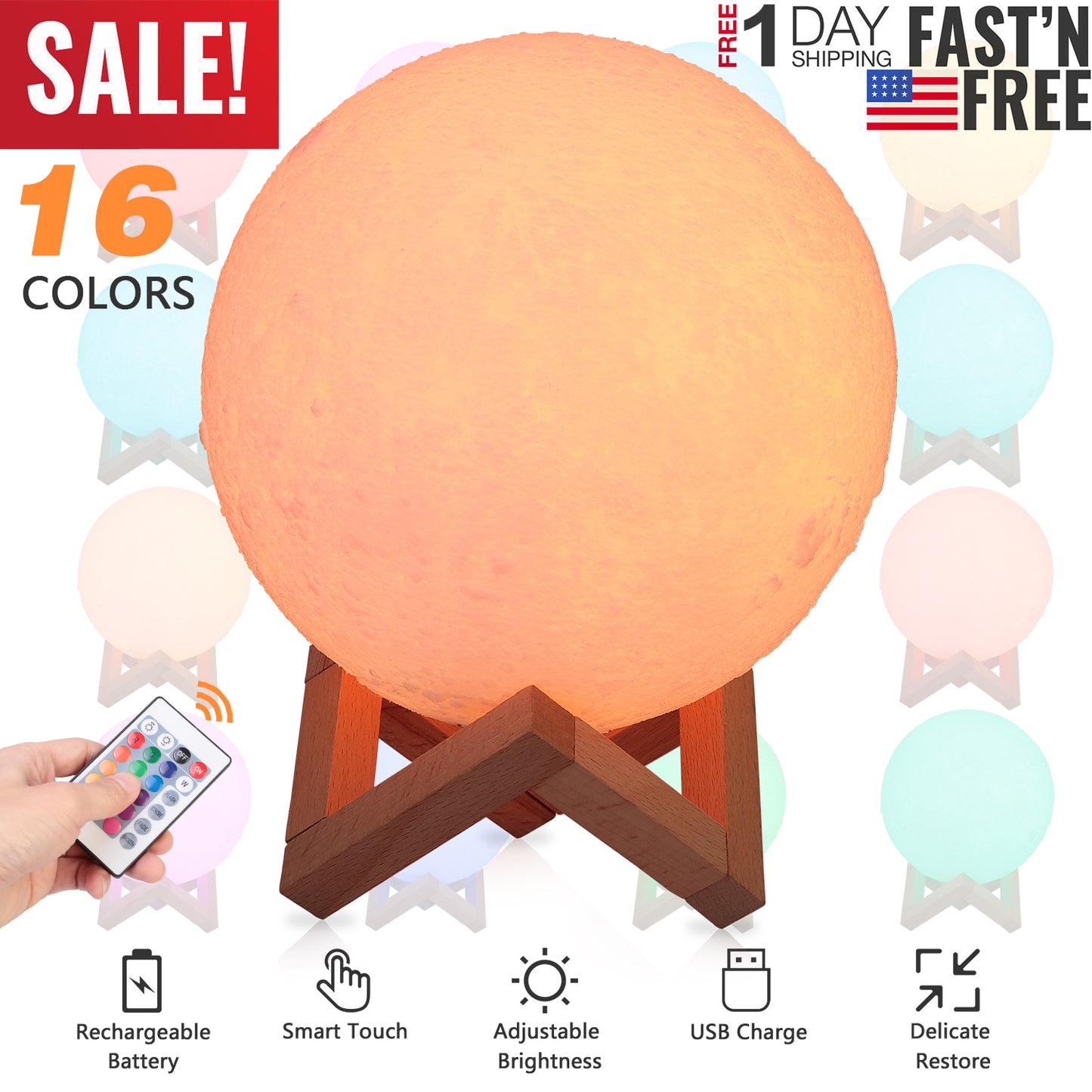 3D Moon Lamp Night Light with 16 Colors and Remote Control