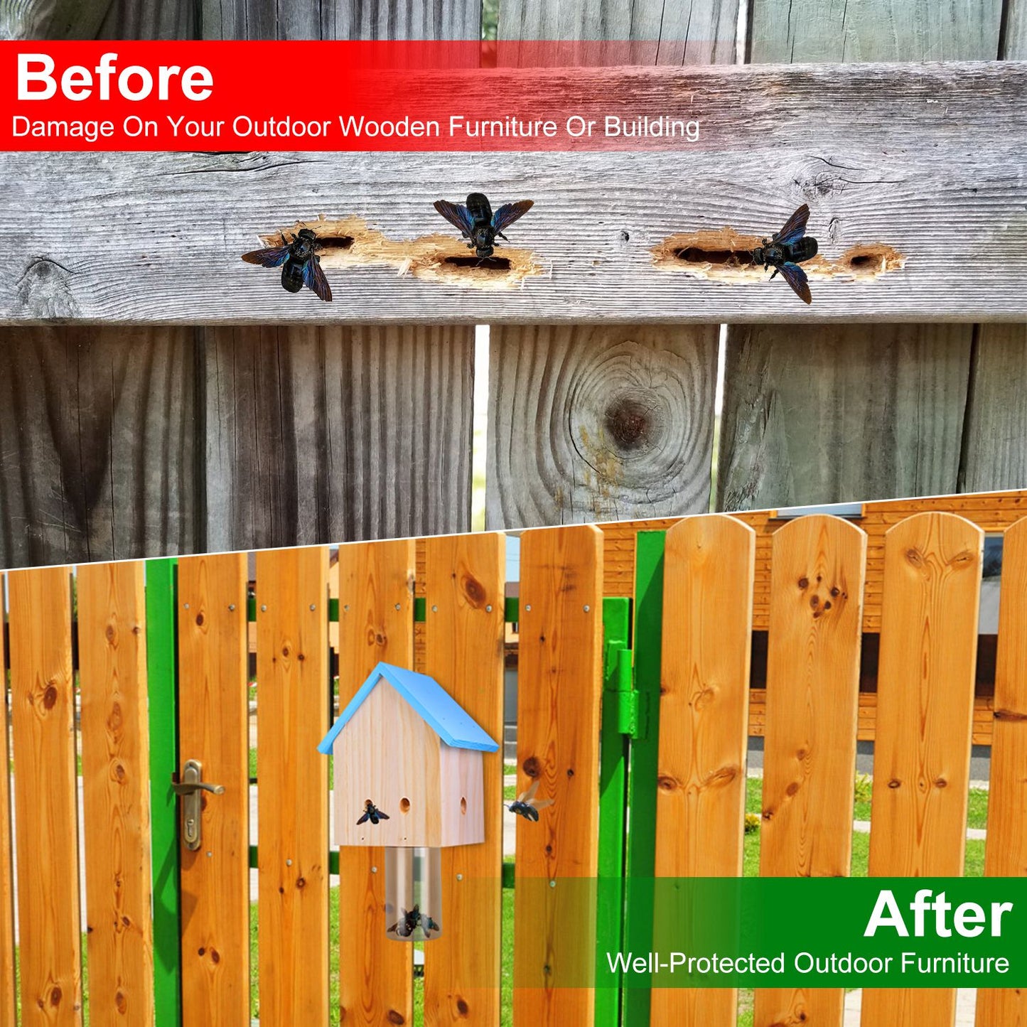 Carpenter Bee Trap - Natural Pine Wood Outdoor Hanging