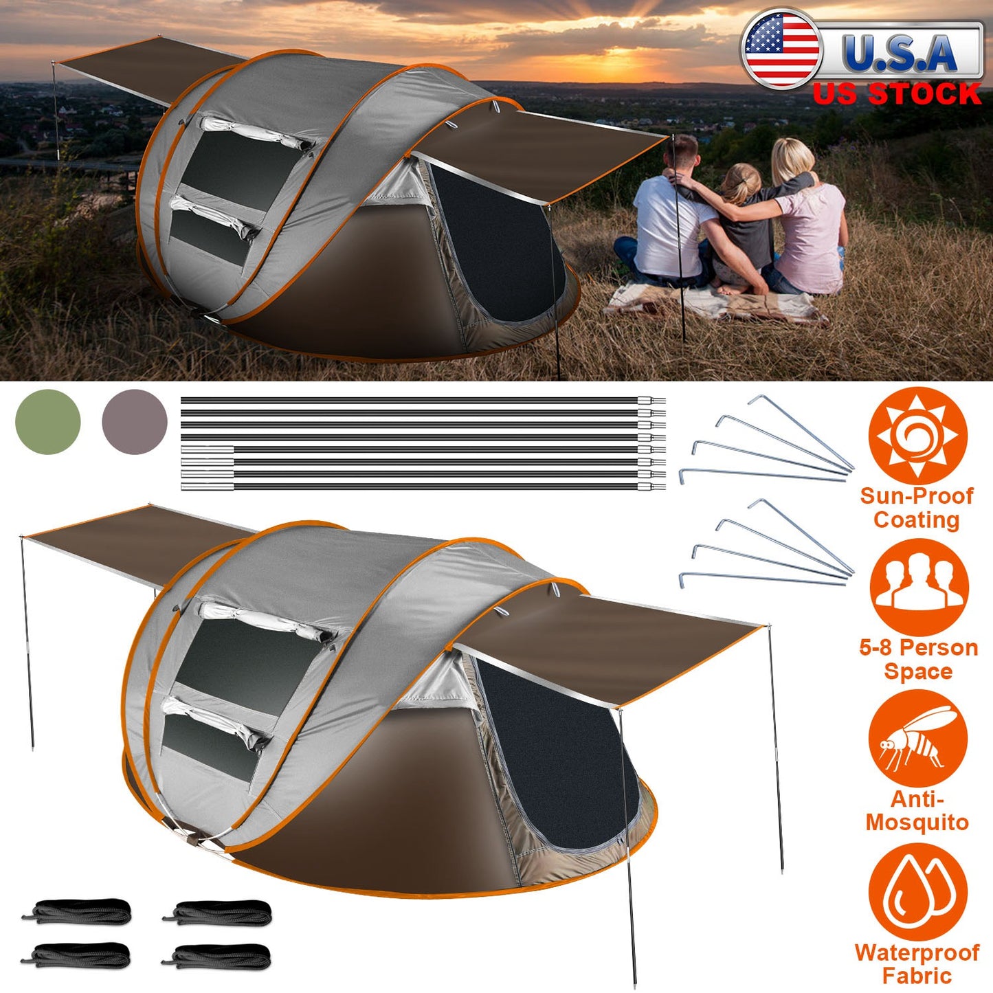 Pop Up Tent 5-8 Person Instant Setup Waterproof Camping Tent