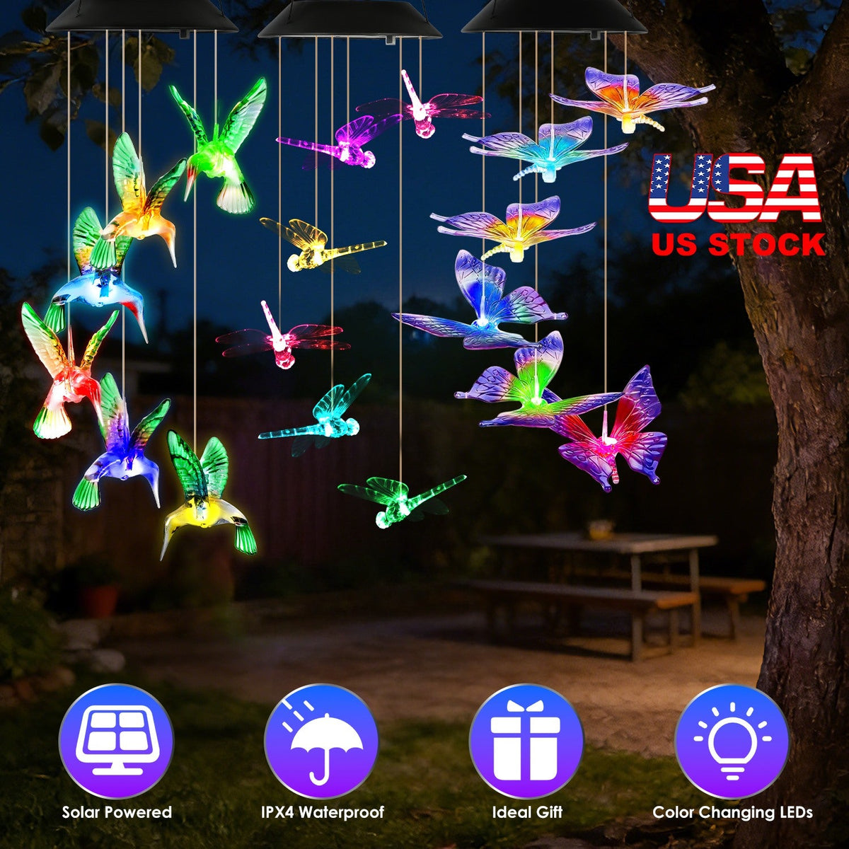 Solar Wind Chimes 3-Pack with Color Changing LED Lights