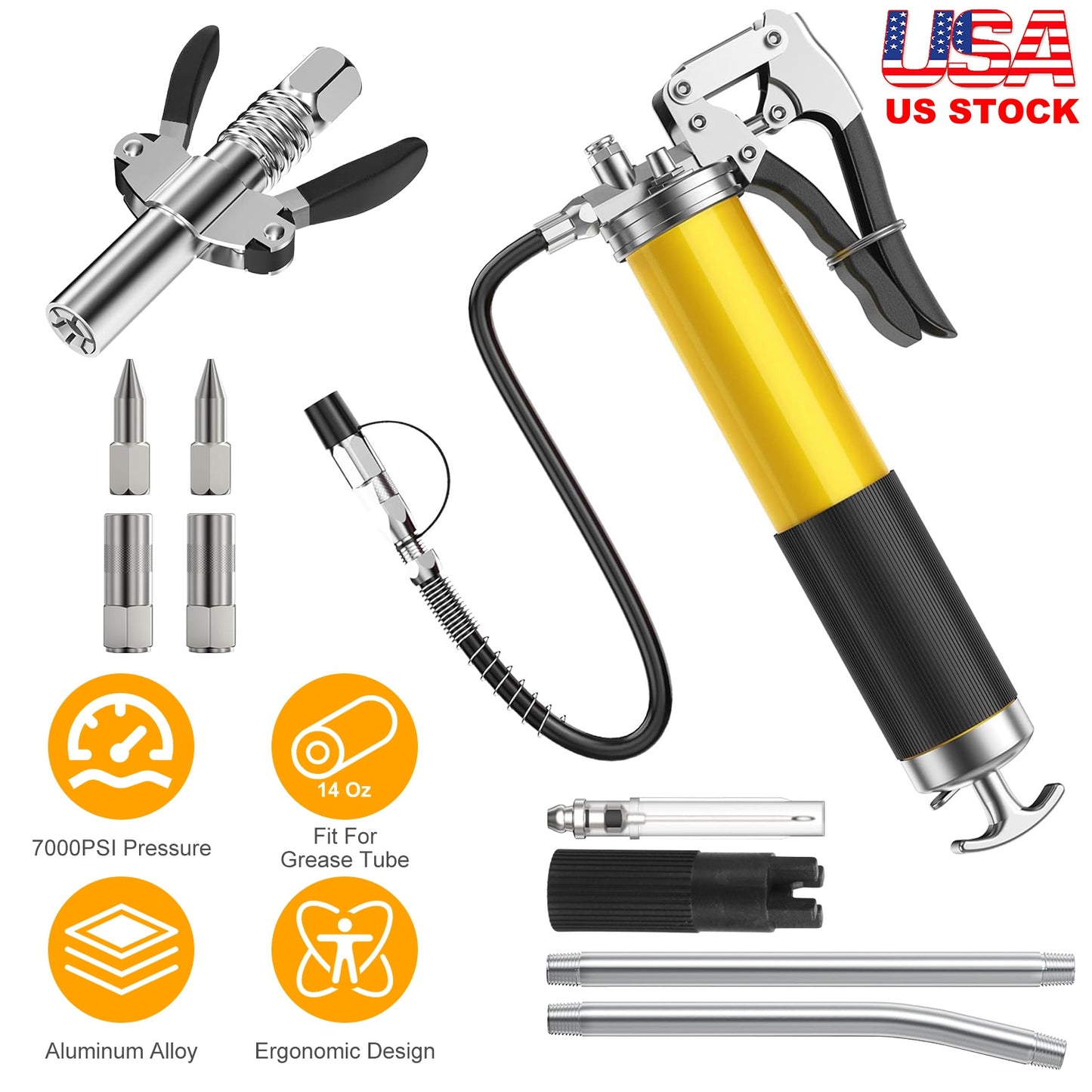 Grease Gun Kit 14 Oz 7000 PSI High Pressure with Flex Hose