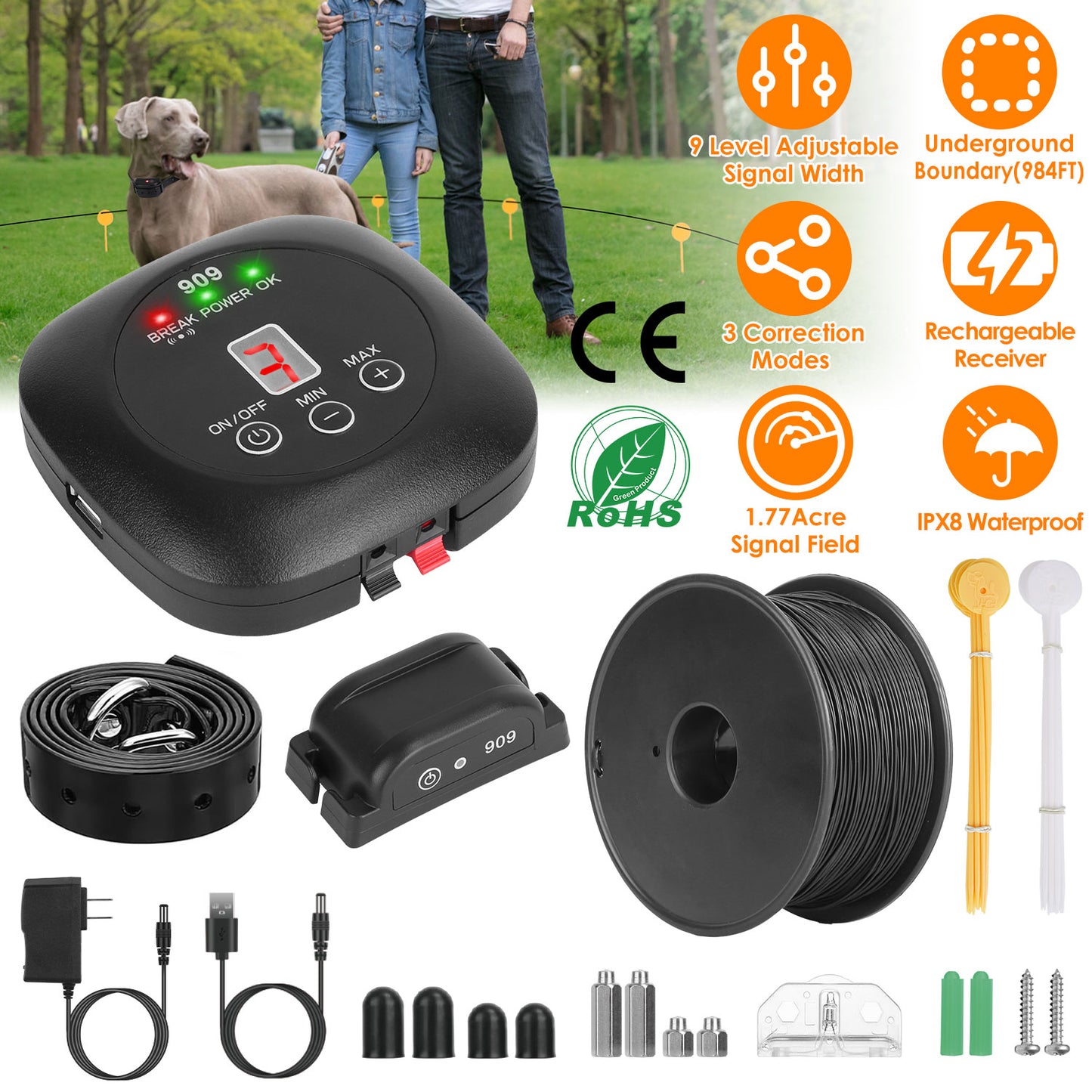 Underground Dog Fence System with Waterproof Rechargeable Collar