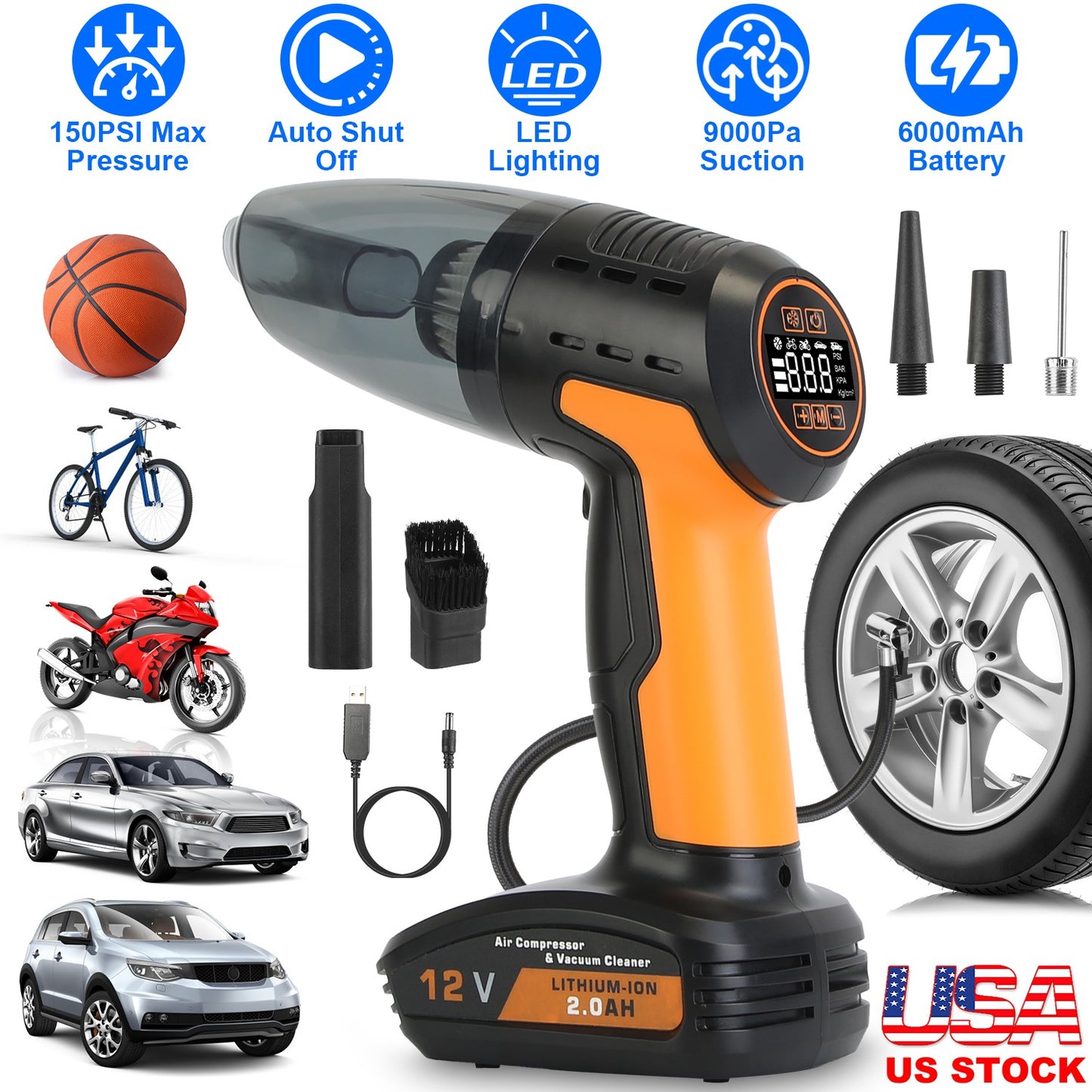 4-in-1 Cordless Car Vacuum Cleaner & Tire Inflator with LED