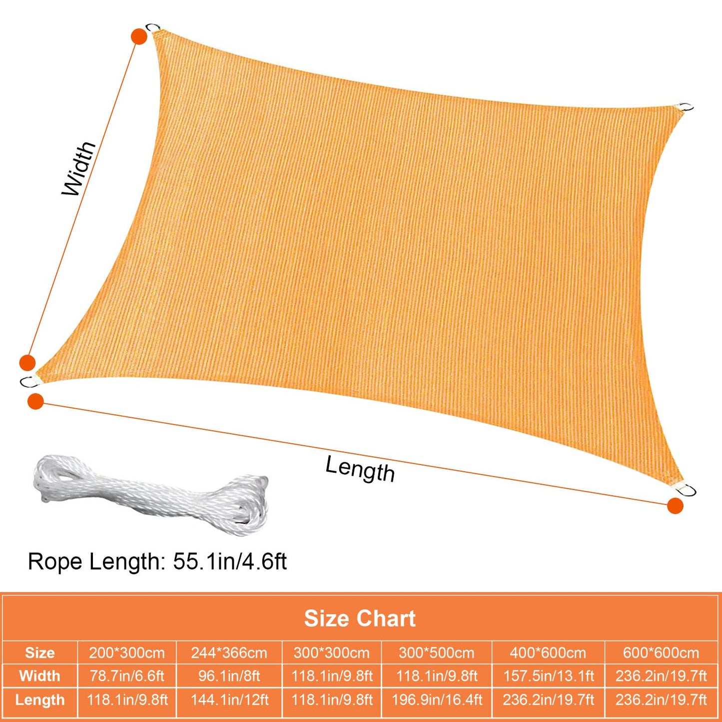 Rectangle Sun Shade Sail 98% UV Block HDPE Canopy with Ropes