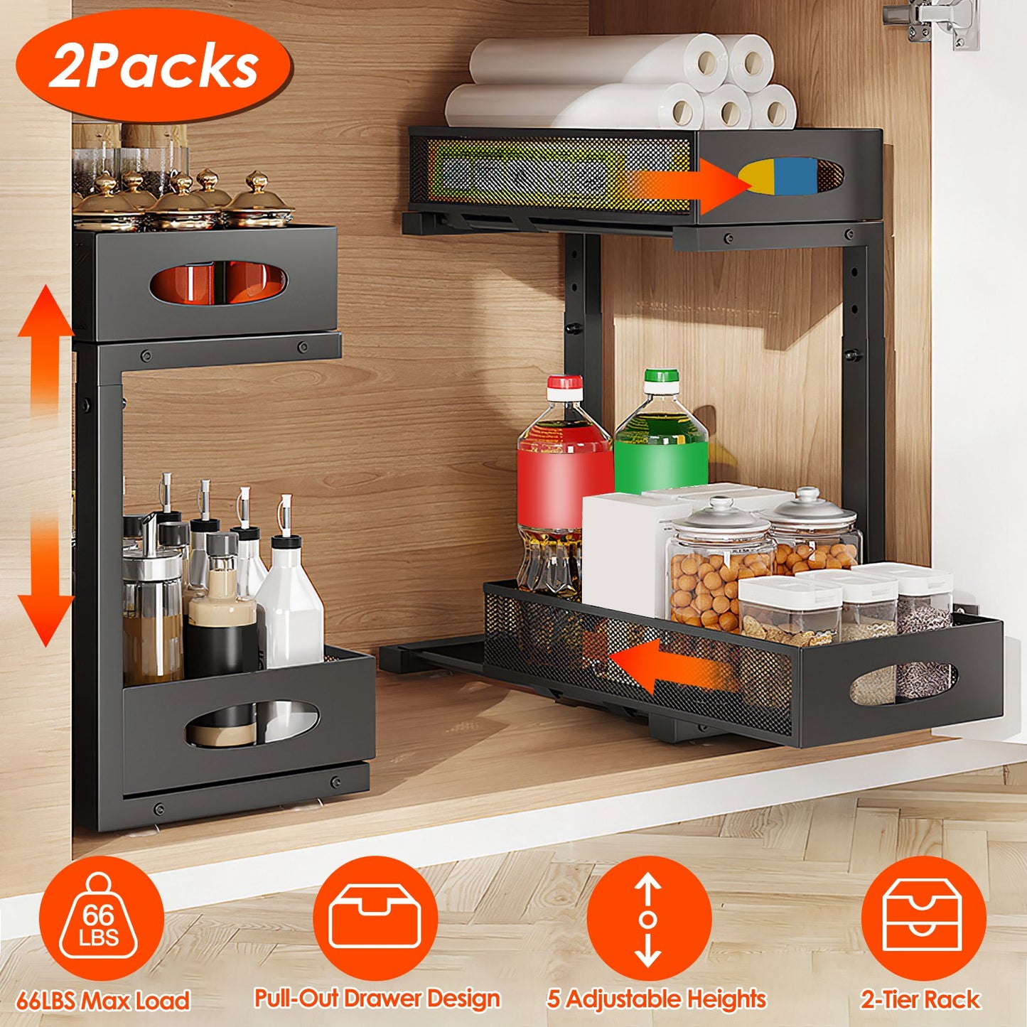 2-Tier Pull-Out Under Sink Organizer with Adjustable Height