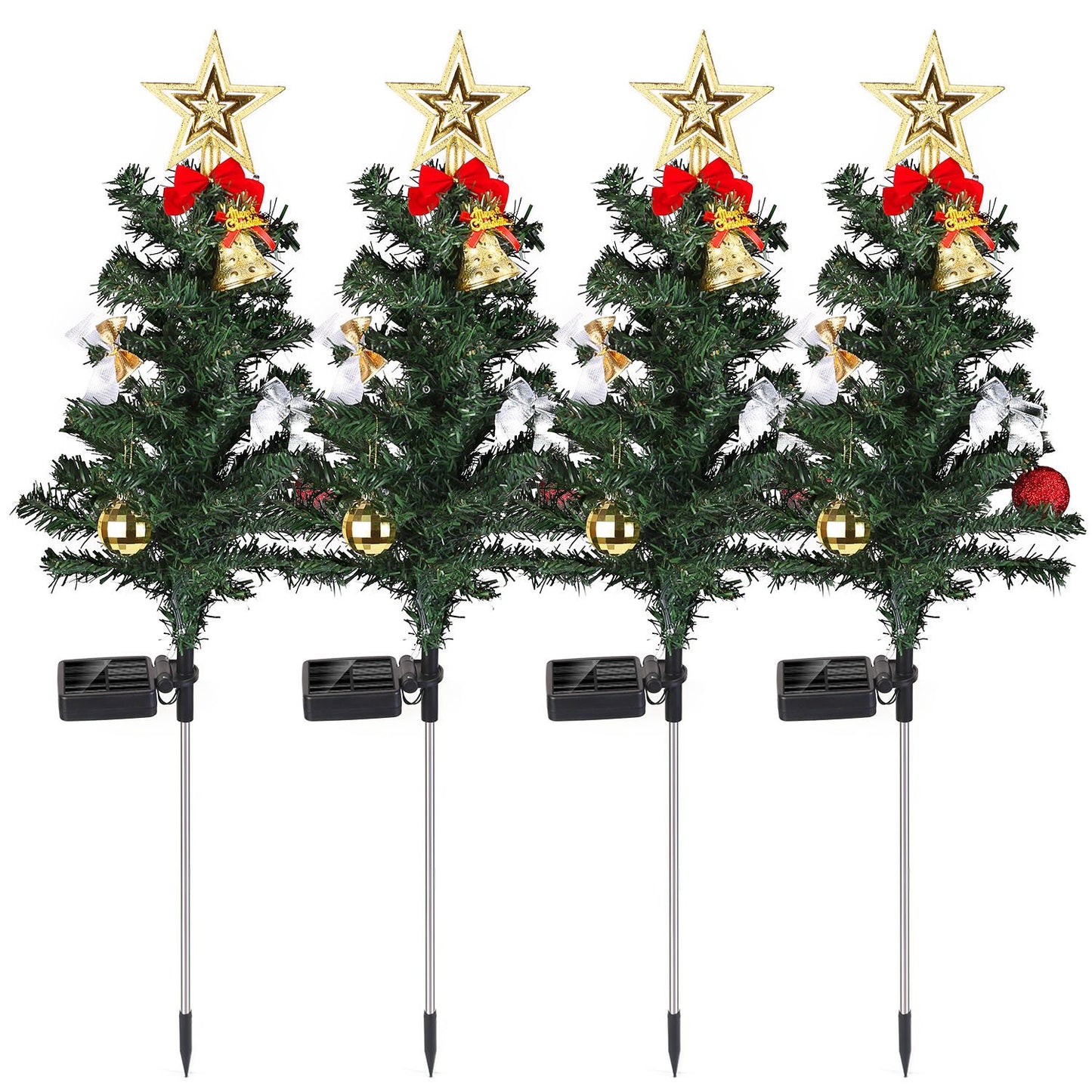 Solar Christmas Tree Lights 4-Pack with Ornaments & Stakes