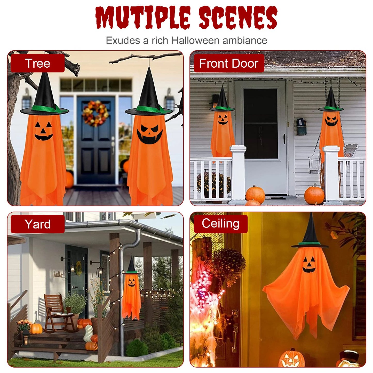 Hanging Pumpkin Wizard Hat Ghosts - 2 Pack Halloween Decoration