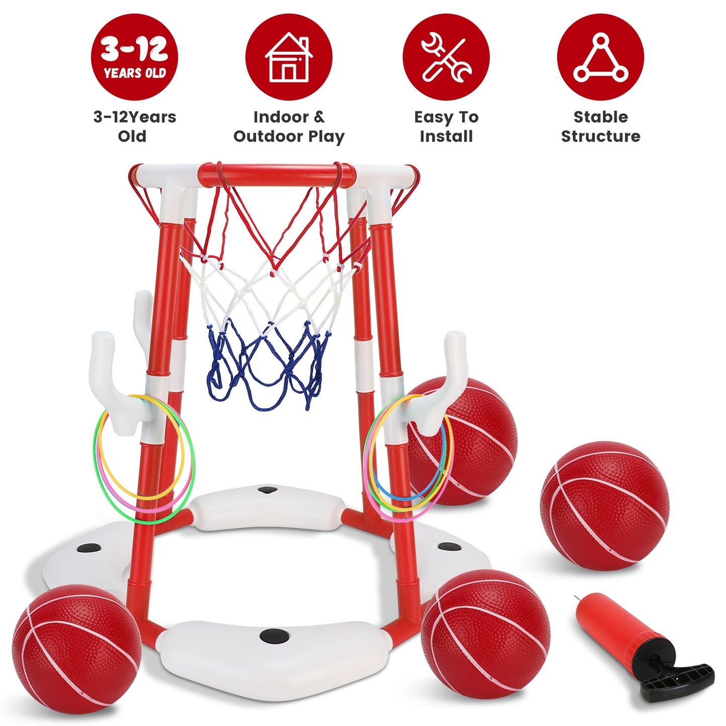 Pool Basketball Hoop Set with 4 Balls & Pump for Kids