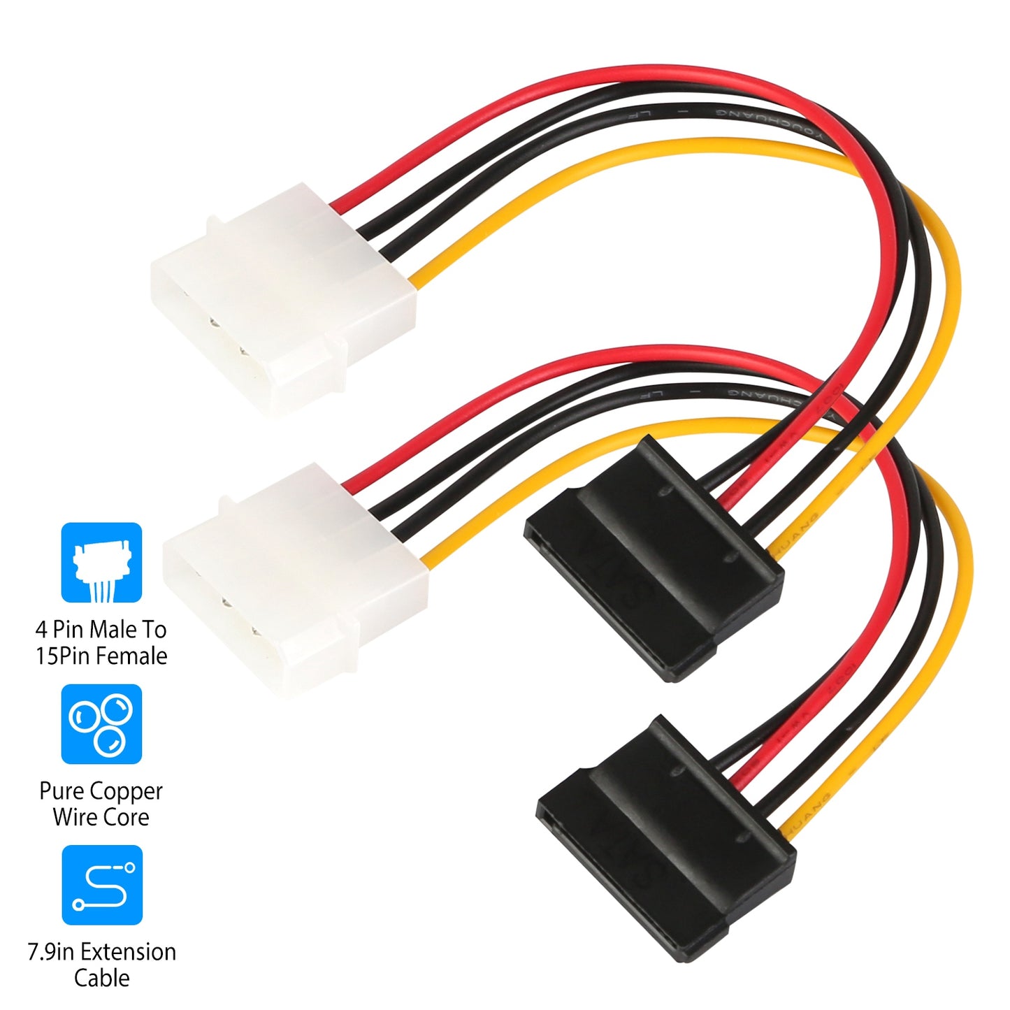 4-Pin to 15-Pin SATA Power Adapter Cable - 2 Pack