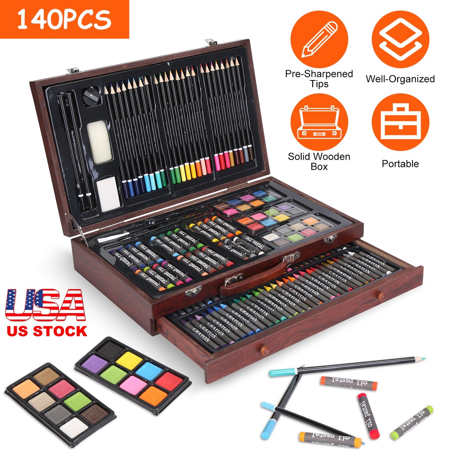 140-Piece Art Supply Set in Wooden Box with Pencils & Paints