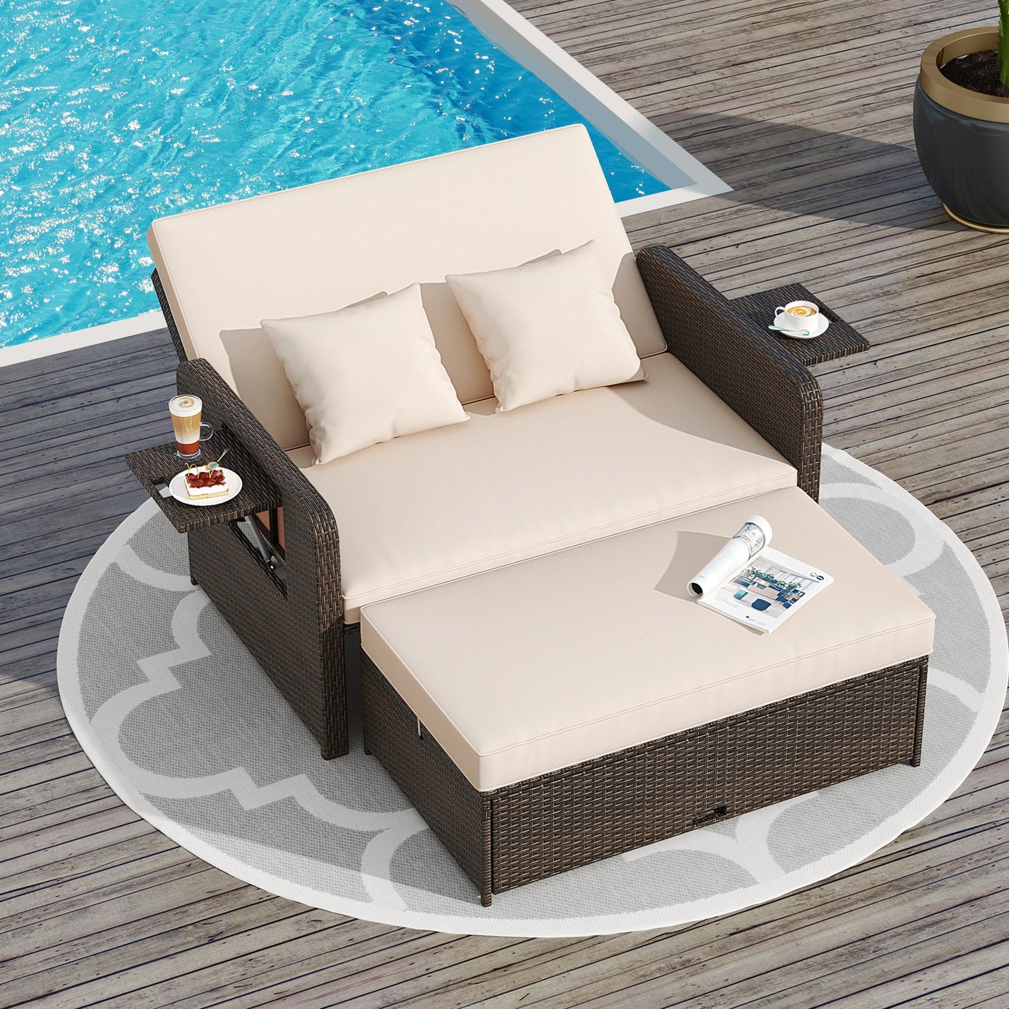 Adjustable Outdoor Daybed Set with Storage Ottoman & Cushions