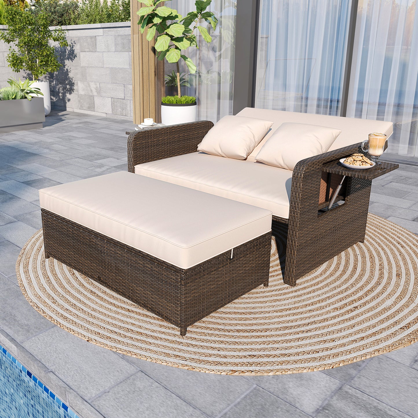 Adjustable Outdoor Daybed Set with Storage Ottoman & Cushions