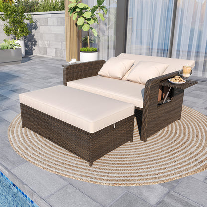 Adjustable Outdoor Daybed Set with Storage Ottoman & Cushions