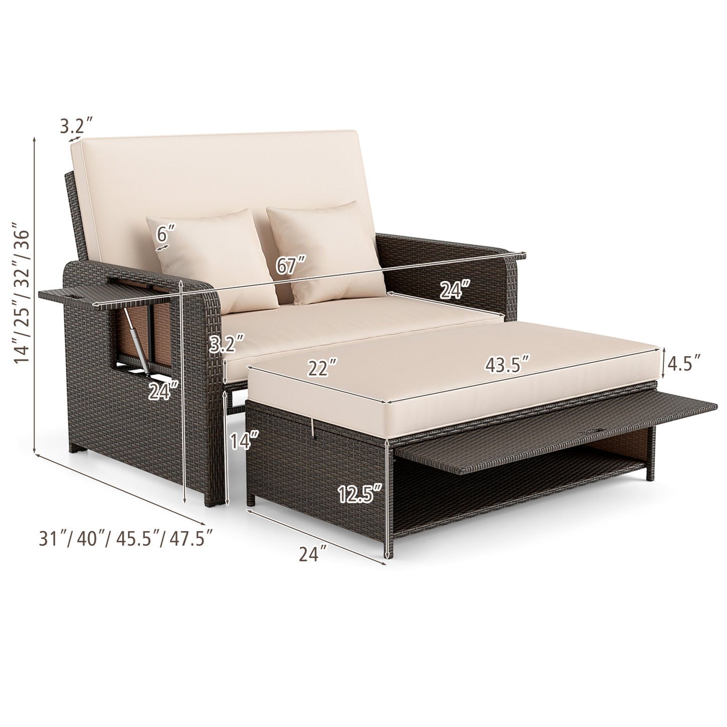 Adjustable Outdoor Daybed Set with Storage Ottoman & Cushions