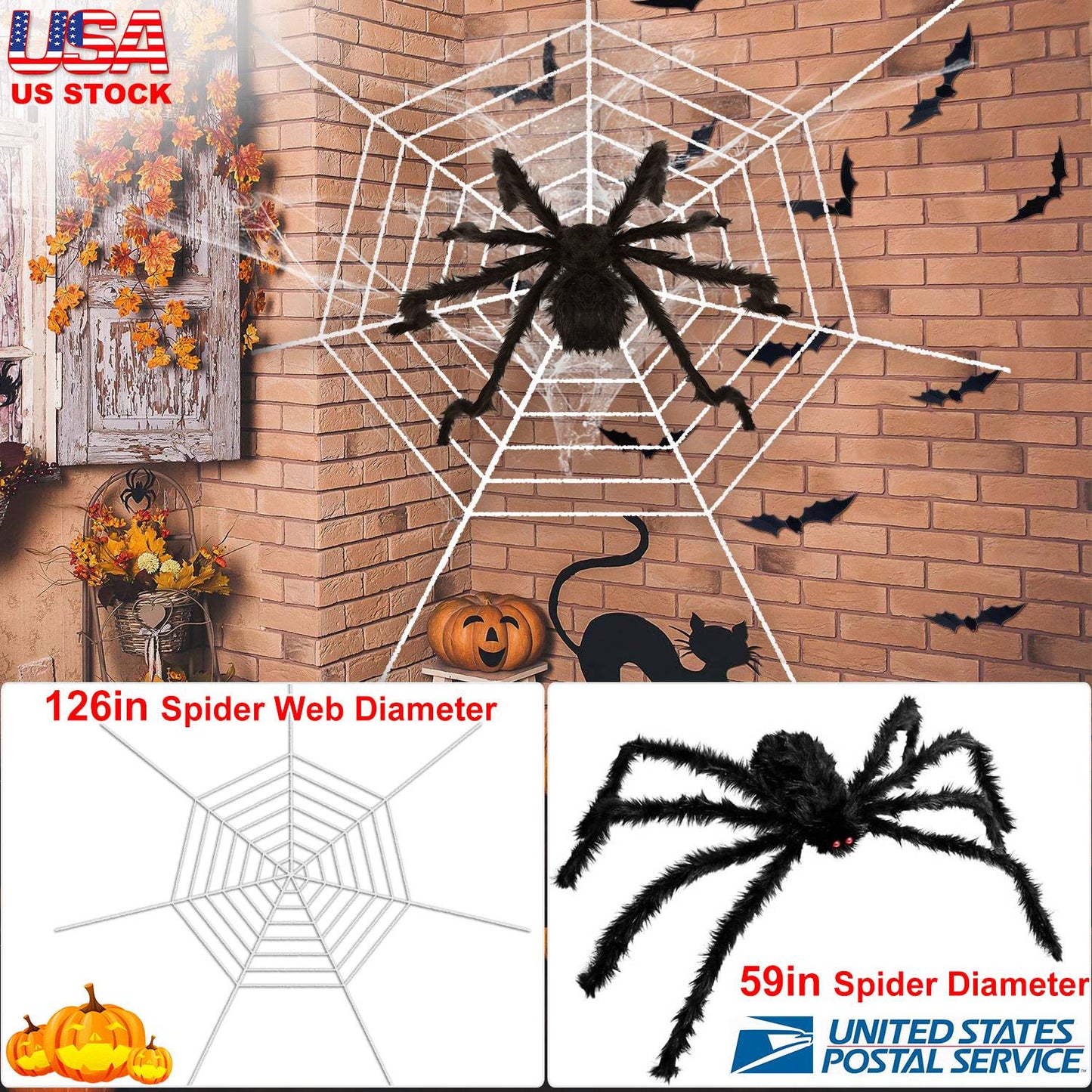 Giant Halloween Spider Decoration with 126" Spider Web Set