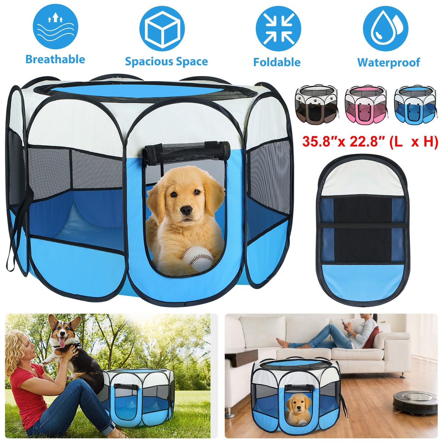 Foldable Pet Playpen with Mesh Panels and Zipper Top