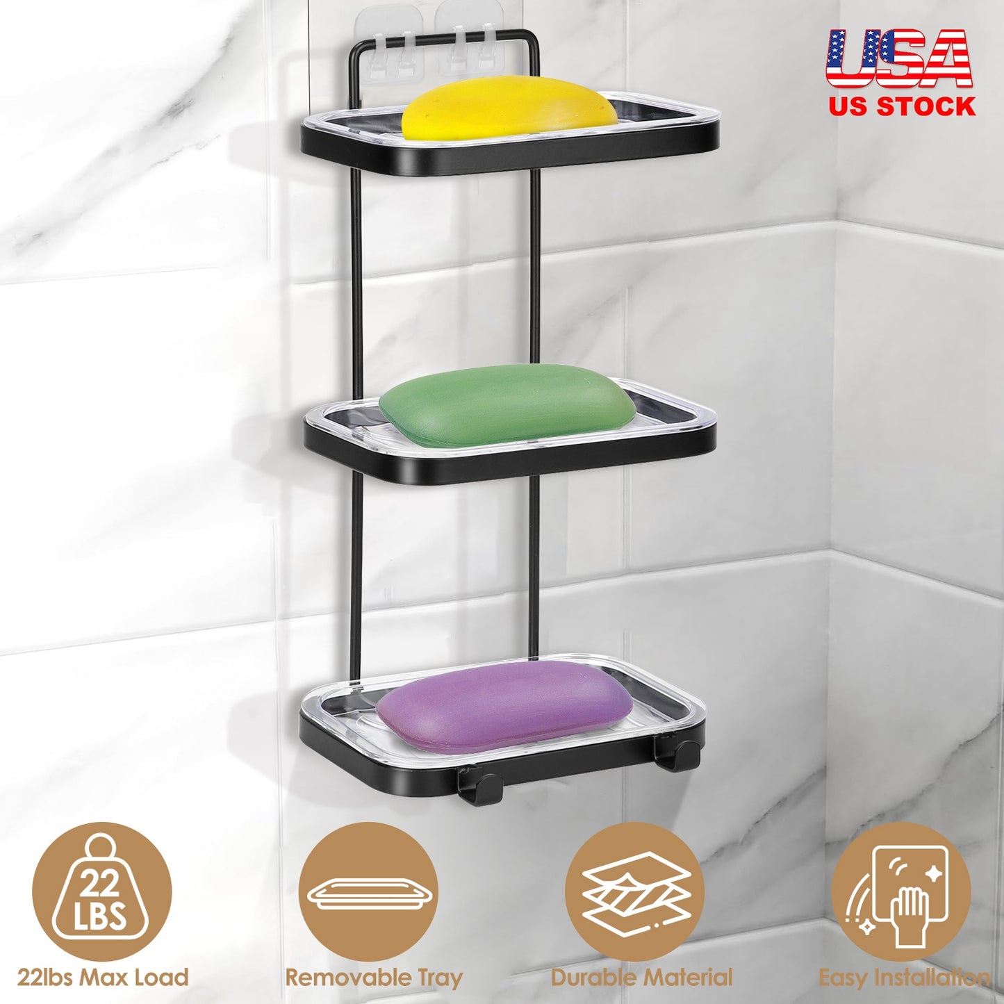 Wall Mounted Soap Dish Holder with Removable Tray & 2 Hooks