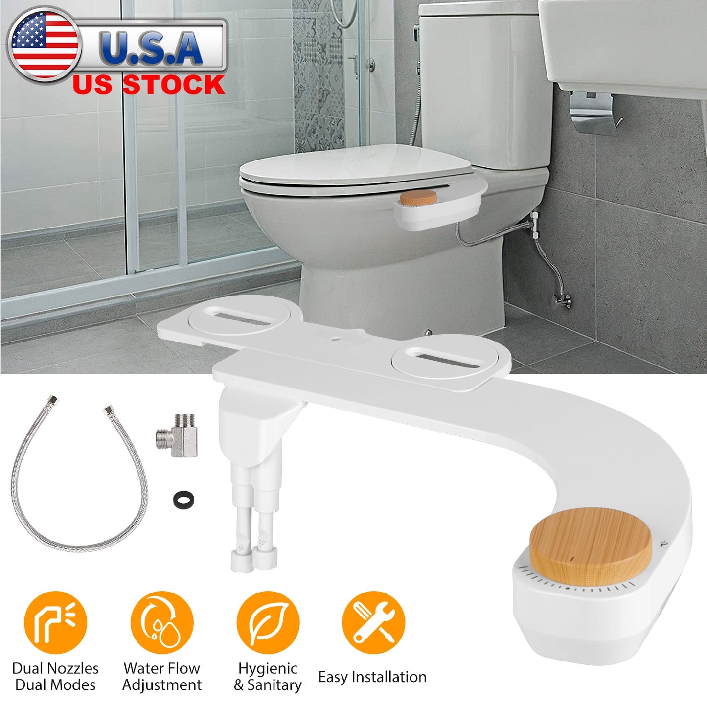 Bidet Attachment with Dual Nozzles and Water Flow Control