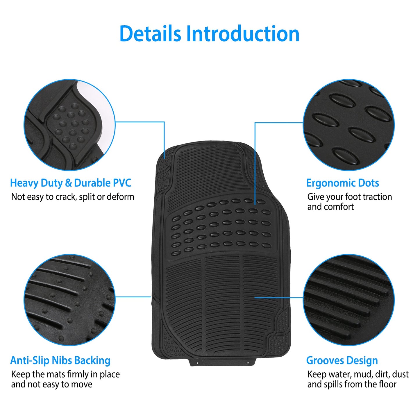 Car Floor Mats Set 3-Piece Heavy Duty PVC Rubber Trimmable