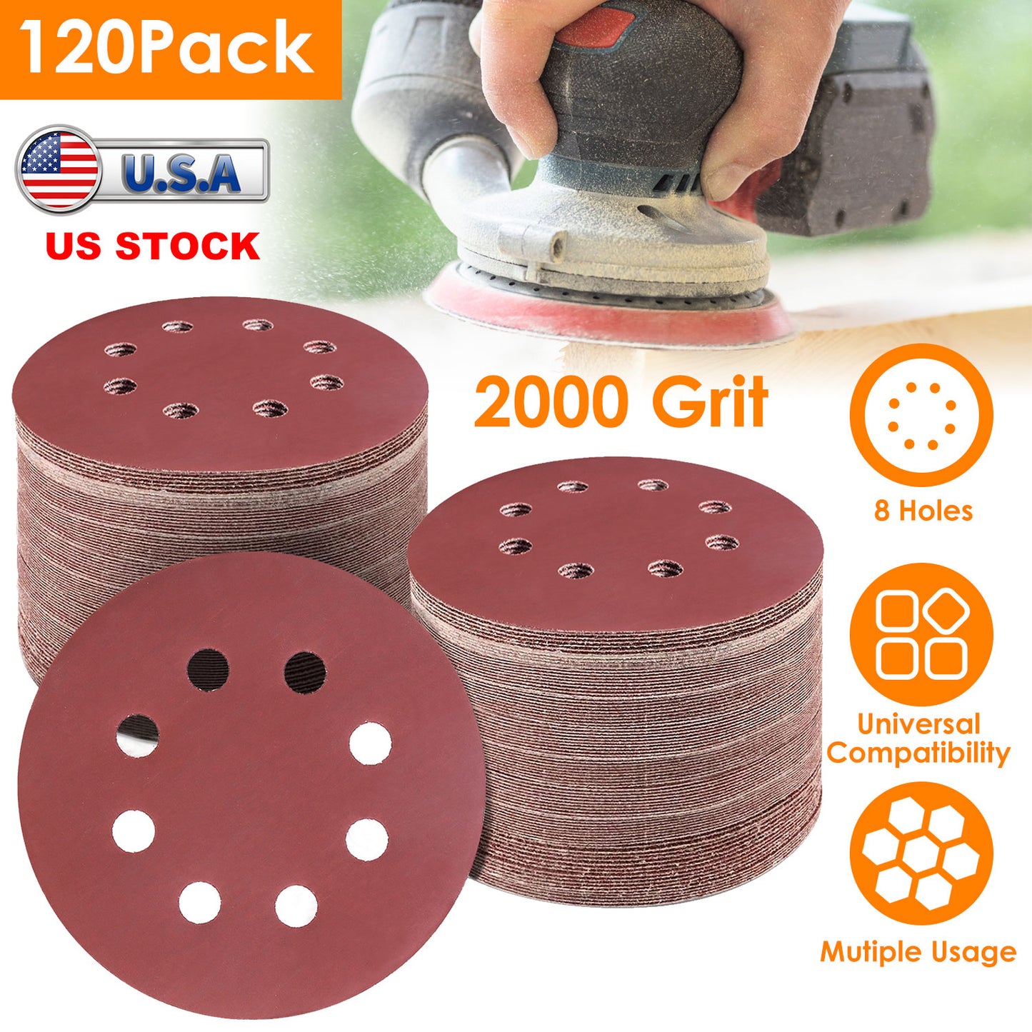 5 Inch Sanding Discs 2000 Grit - 120 Pack with 8 Holes