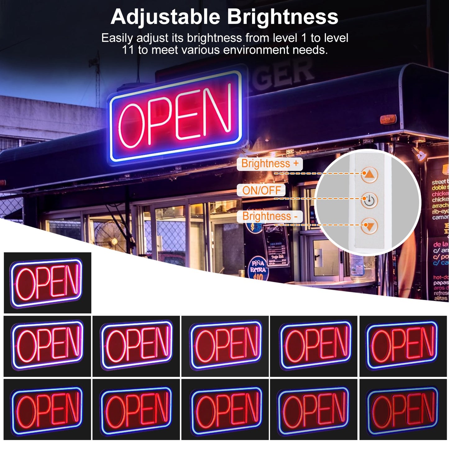 LED Open Sign 16.5x9.1in with 11 Brightness Levels